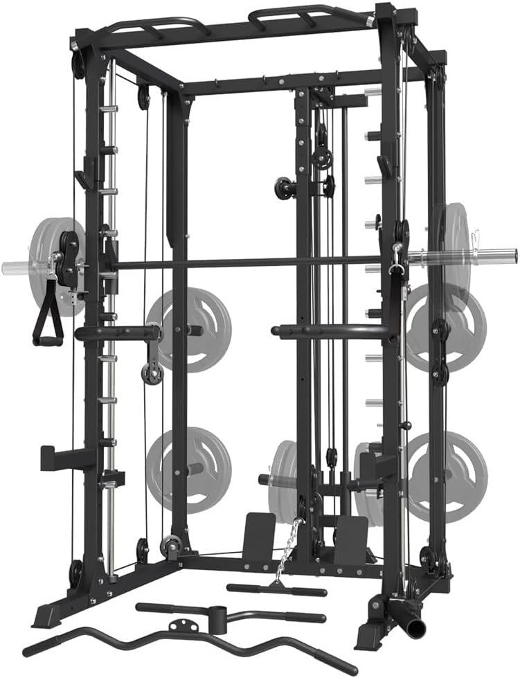 All-in-One Smith Machine Power Cage with Dual Cable Crossover, LAT Pulldown & Weight Stack System,Multifunctional Home Gym Machine with LAT Pulldown