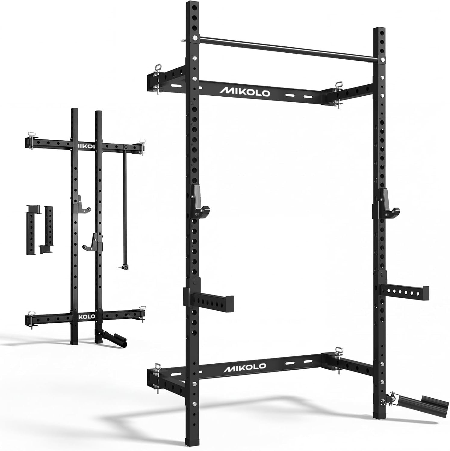 Mikolo 2″ x 2″ Folding Wall Mounted Squat Rack, 1000 Pounds Capacity Power Rack with Pull Up Bar, J Hooks and Other Attachments, Space-Saving Home Gym