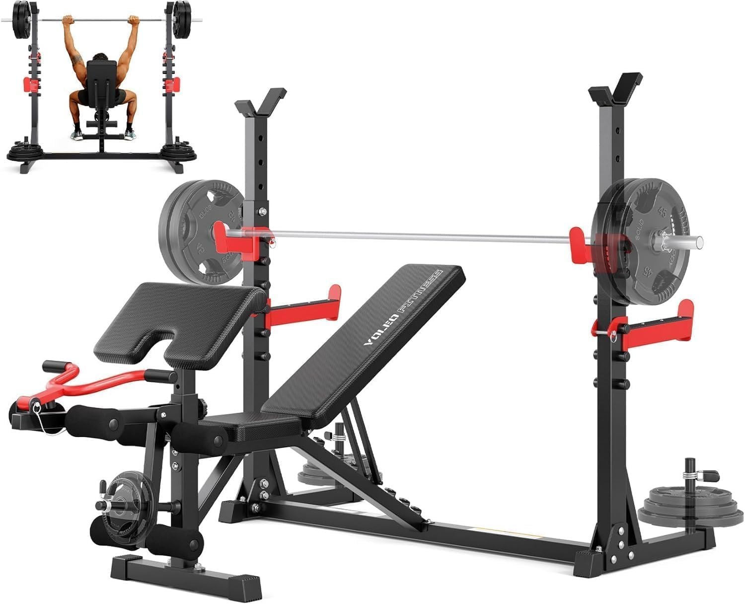 YOLEO Weight Bench with Rack – Bench Press Set, Leg Extension, Preacher Curl & Flat/Incline/Decline Full Body Workout Bench, Adjustable Olympic Weight Benches for Home Gym(47.44IN WIDE GRIP)