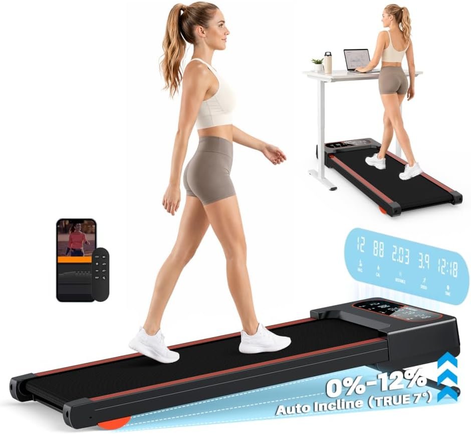 Walking Pad Treadmill with Auto Incline 12%-12Level, Quiet BLDC EvoDrive, Under Desk Treadmill for Home Office, Full Metrics Display, Extra-Large Belt, Quadra Cushion, 300lbs Capacity, Orange