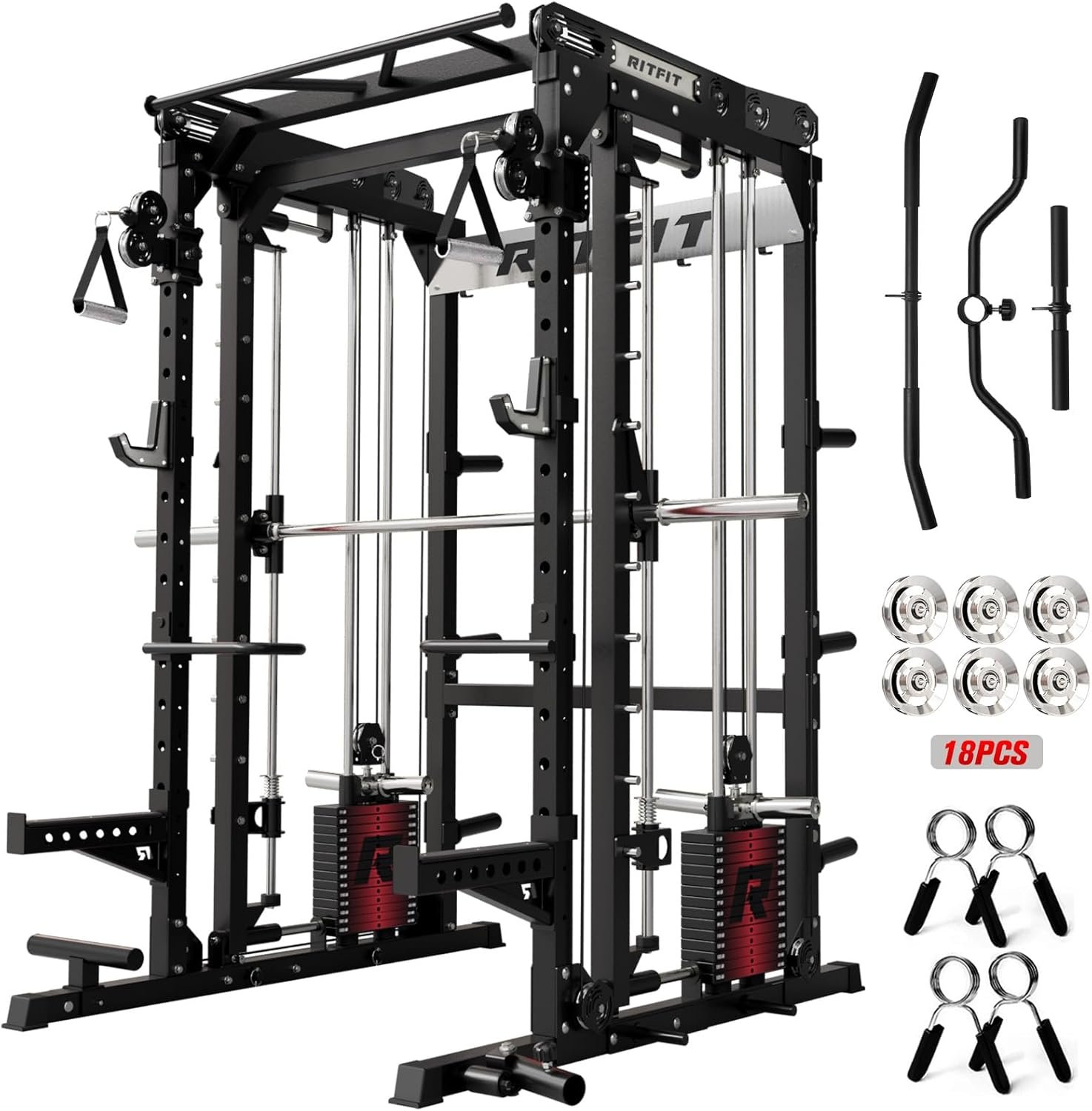 RitFit M2 3D Smith Machine & 286.6LB Built-in Weight Stack with Cable Crossover System, All in One Functional Trainer & Power Cage, 16 Adjustment Holes, 6 Storage Pegs for Full-Body Home Gym