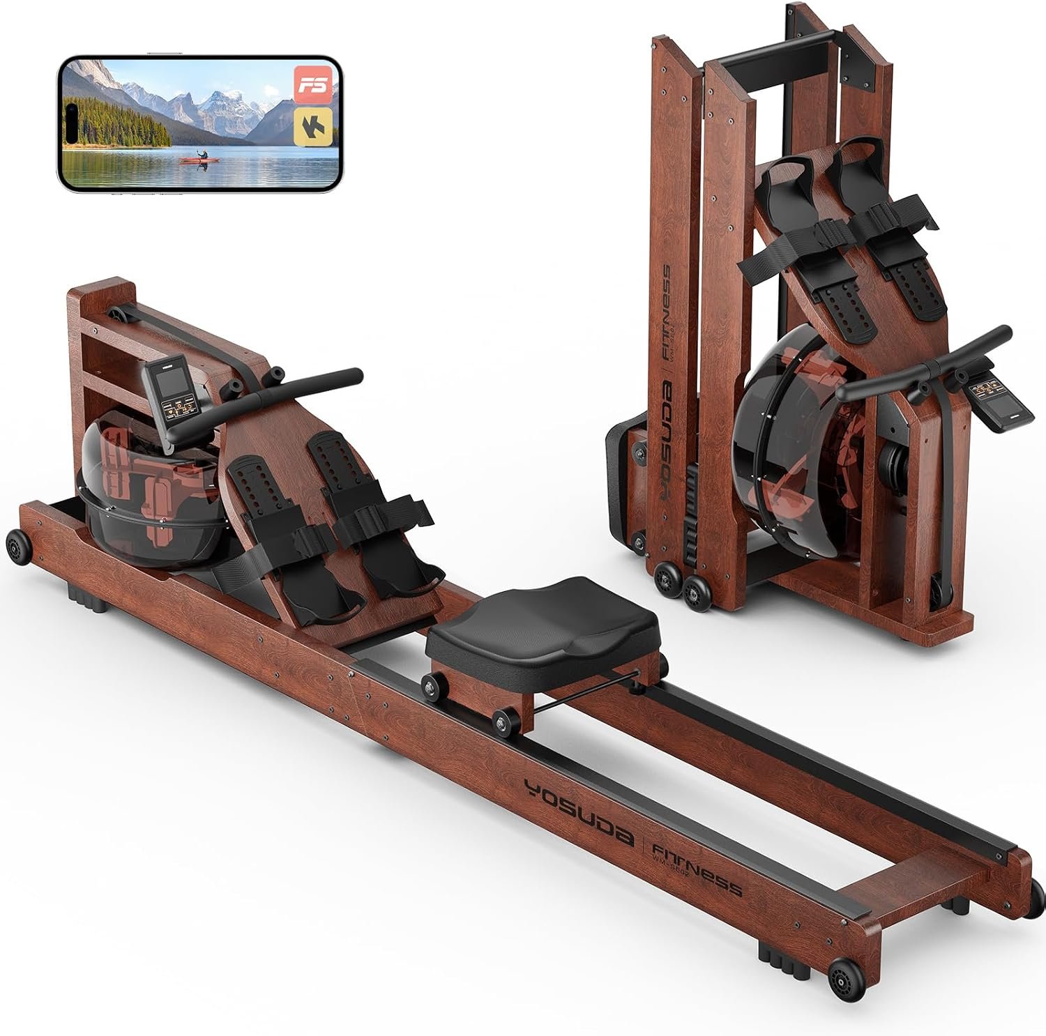 YOSUDA Water Rowing Machines for Home Use – Wooden Foldable Immersive Water Rower Machine 400LBS Weight Capacity with Dedicated Monitor & Bluetooth APP, Large Tank, Comfortable Seat