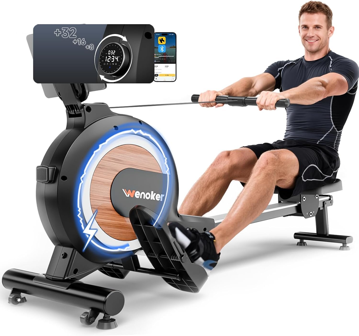 WENOKER Rowing Machine, Magnetic Rowing Machine for Home, Upgraded 32-Levels Resistance with Smart Electronic Knob, 350 LBS Weight Capacity, Compact Rower Machine Easy Assembly.