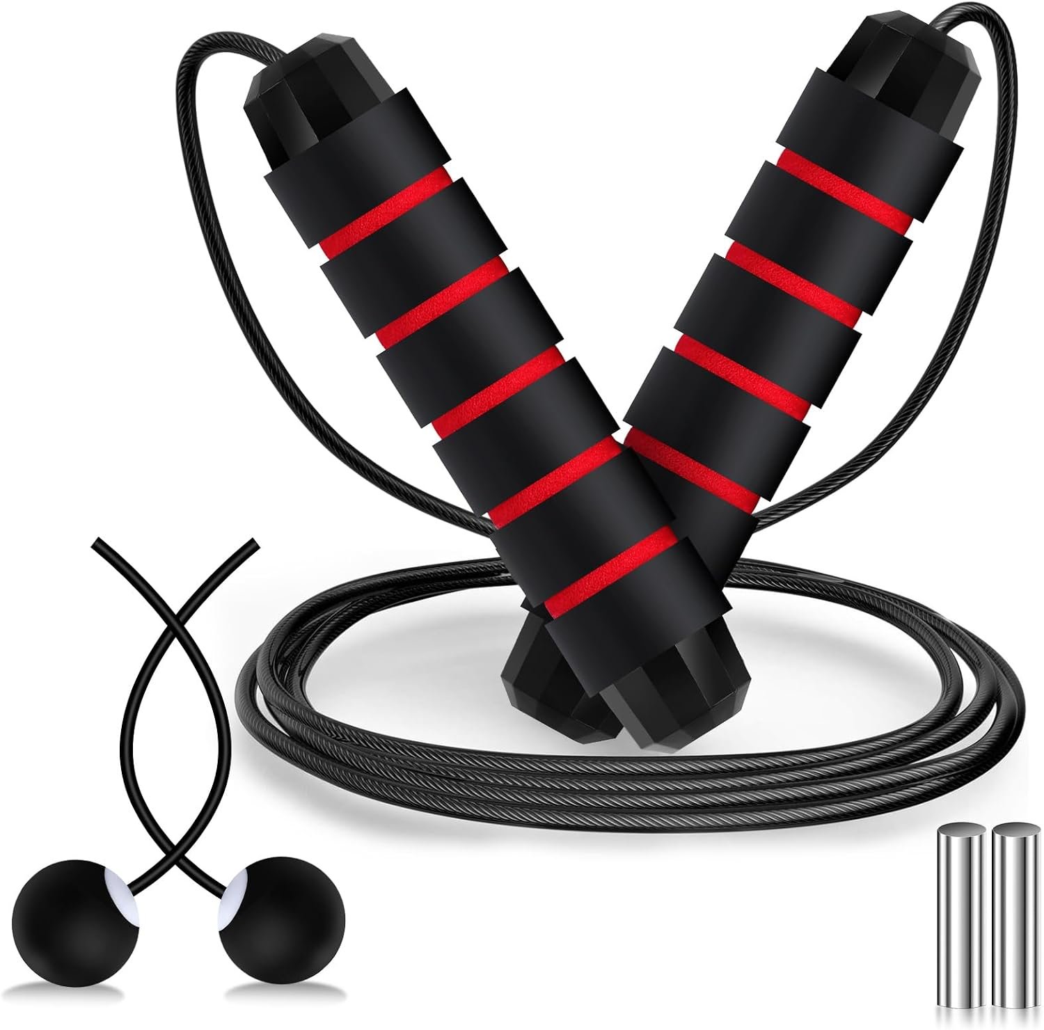Vinsot Weighted Cordless Jump Rope Ropeless Jump Rope 2 in 1 Adjustable Length Skipping with Ball and Soft Handles for Women Men Adult Fitness Workouts Exercise Training(Red)