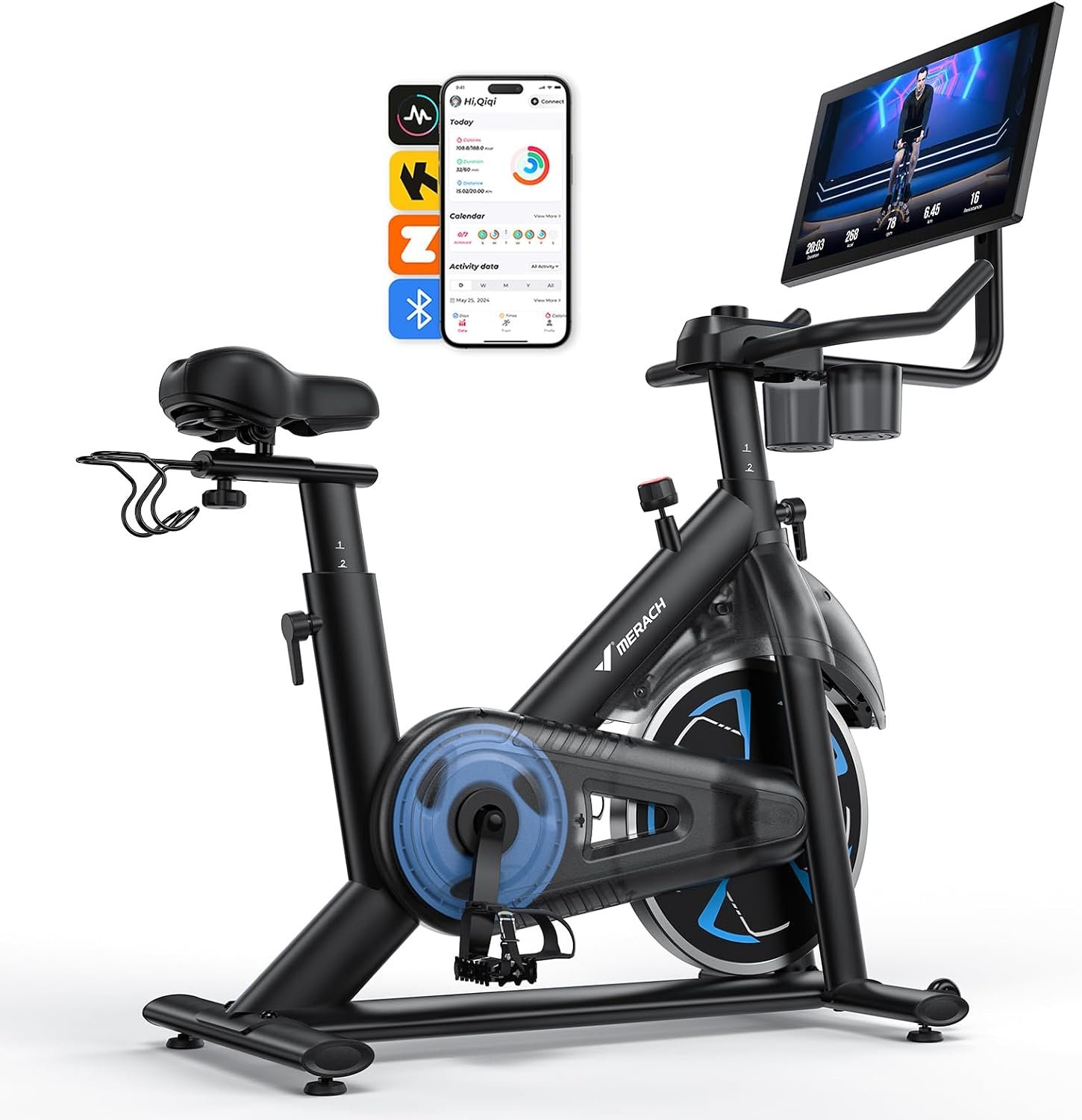 Merach Magnetic Exercise Bike with 21.5” HD Display & Auto Resistance, Low Noise Stationary Bike for Home with Comfortable Seat Cushion, Spinning Bike with Exclusive App