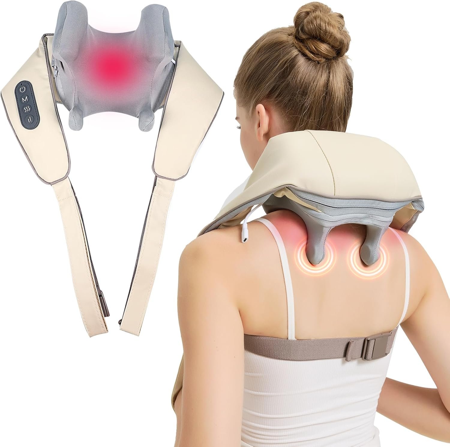 Wireless 4D Shiatsu Neck Massager with Heating Function, Deep Kneading Neck & Shoulder Massager Pillow for Pain Relief, for Back, Legs, qewe889