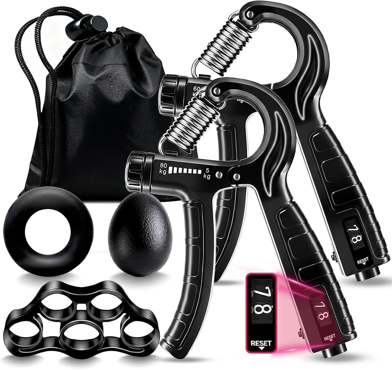 5-in-1 Grip Strength Trainer Kit with Counter, Adjustable Hand Grip(11-132 lbs), Finger Stretcher, Grip Ring & Stress Ball – Grip Strength Trainer for Adults, Home Gym, Arm Workout Equipment