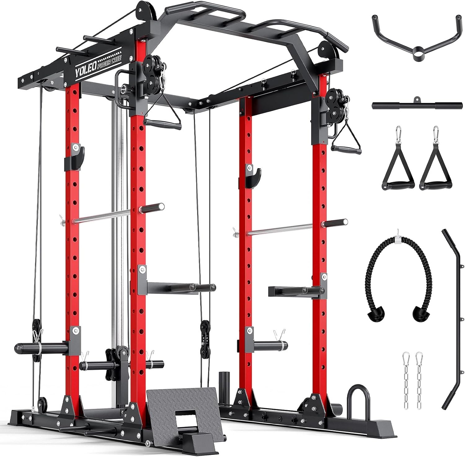 YOLEO Smooth Pulley System Power Cage, Adjustable Cable Crossover Power Rack, Multi-Functional Cable Machine for Home Gym