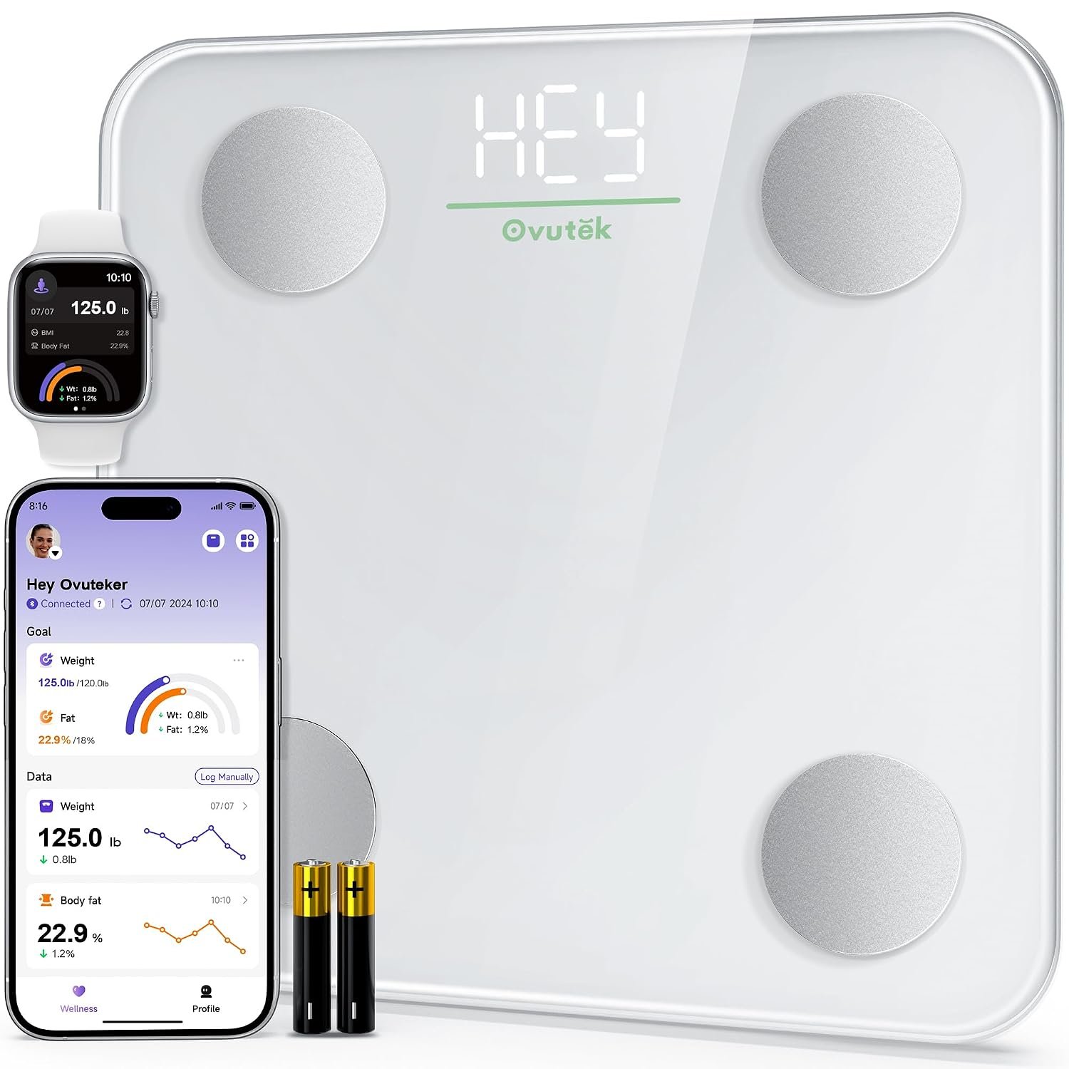 Ovutek Smart Scale for Body Weight, Digital Bathroom Scale BMI Weighing Body Fat Scale, Accurate Body Composition Scale Monitor for People’s Health with Smartphone App, Compact Size, 400lb (White)