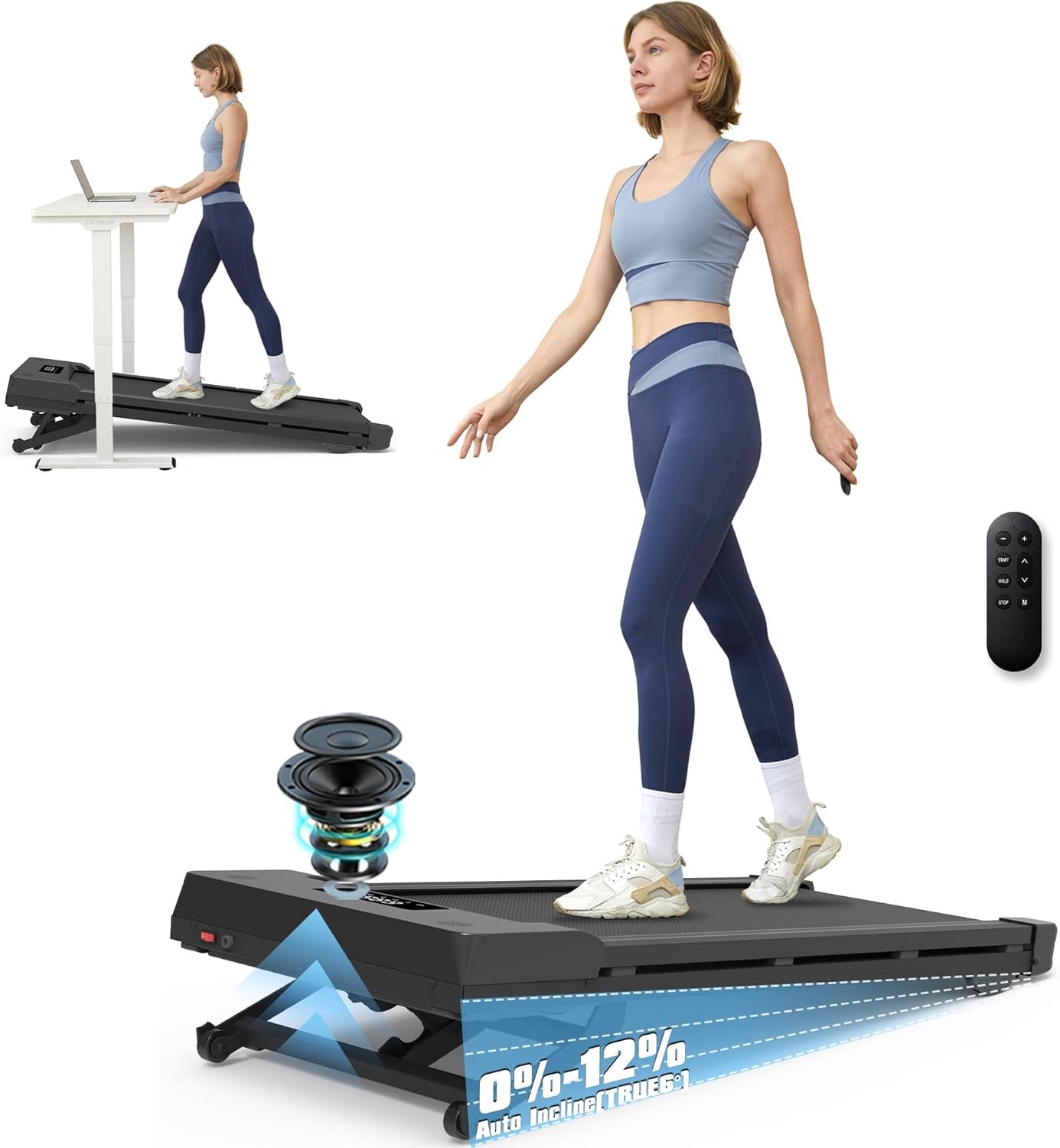 PACEROCKER Walking Pad Treadmill with 12% 9-Level Auto Incline, 450 lbs Capacity Bluetooth Speaker Under Desk Treadmills for Home Hiking