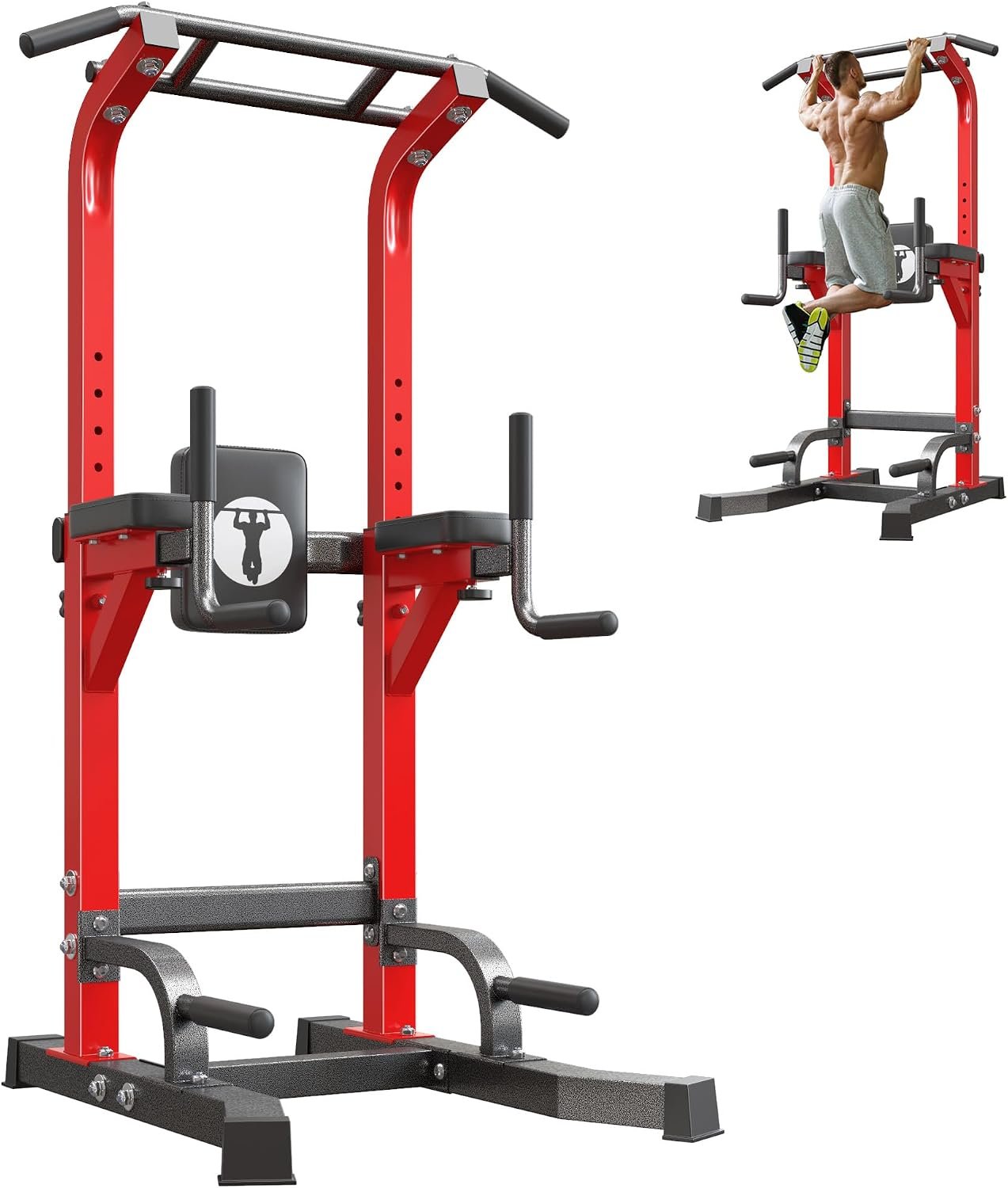 soges Pull Up Bar Dip Station, Power Tower with A Backrest, Adjustable Height Pull Up Bar Stand, Multi-Function Home Gym Strength Training