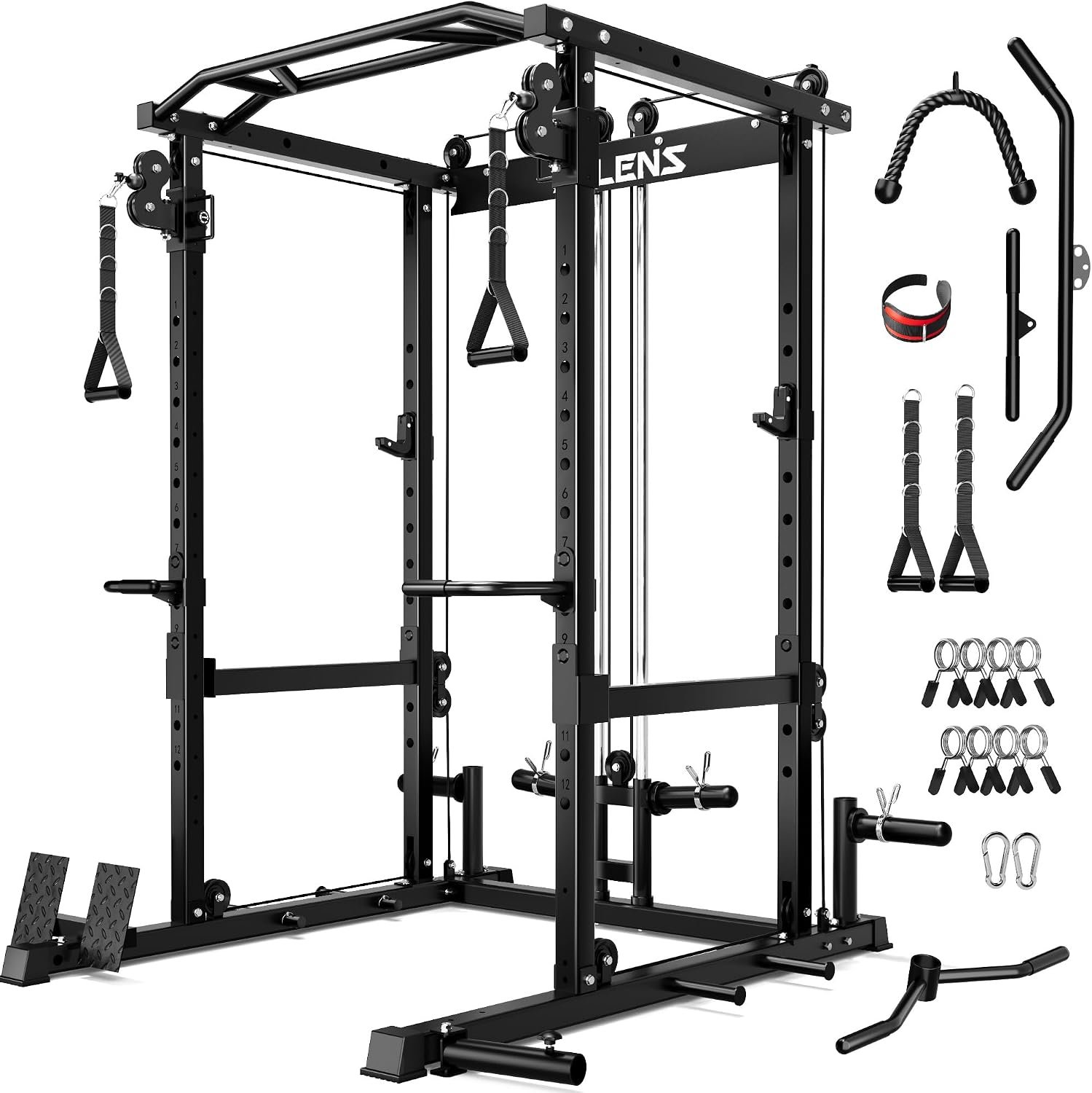 JELENS C12 Power Rack, 2000LBS Squat Rack with Cable Crossover System, Workout Cage with More Training Attachments for Home Gym