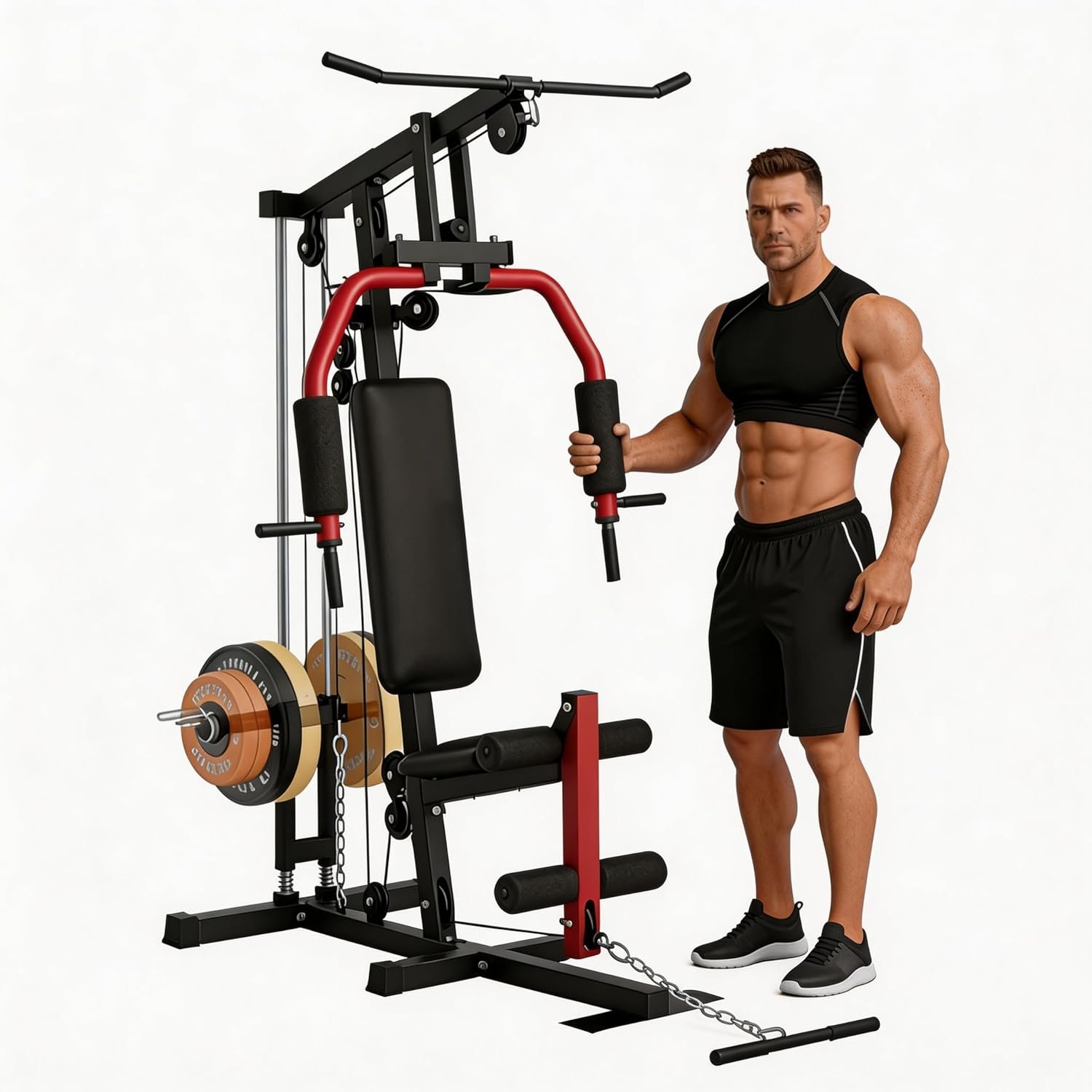 Full Body Workout Machine – 5-in-1 Home Gym Equipment with LAT Pulldown, Chest Press, Leg Extension & Seated Row, 300LB Capacity Strength Training Station, Fits 1” & 2” Weight Plates (Not Included)