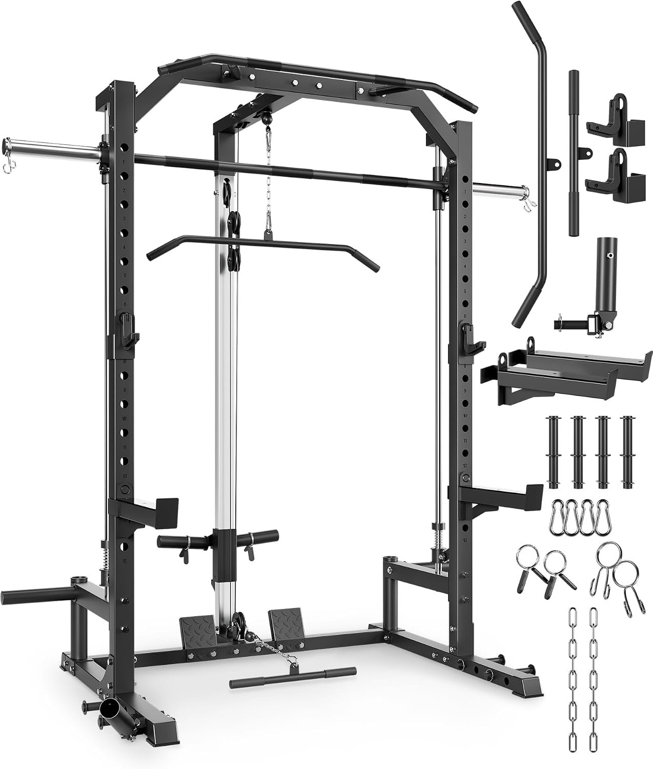 GarveeLife Smith Machine Home Gym with Barbell Bar, Cable System, LAT Pulldown Attachments, Safety Spotter Arms, J Hooks, Landmine, Multi-Functional Squat Rack for Full Body Strength Training