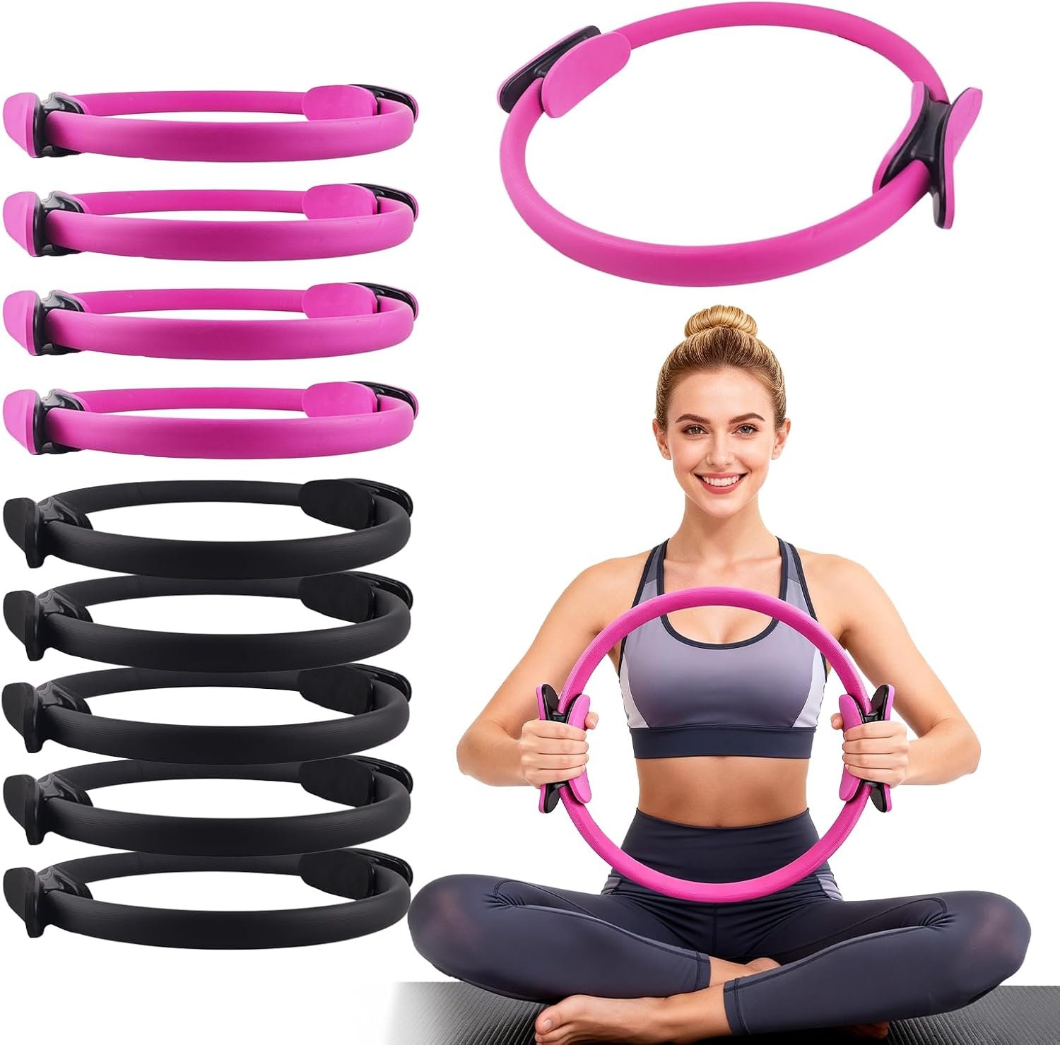 10 Pcs Pilates Ring Set, 15″ Pilates Circle Ring with Extra Thick Padded Handles, Pilates Equipment for Home or Travel, Workout Equipment for Women for Inner Thigh & Core, Upper Body Workout Equipment