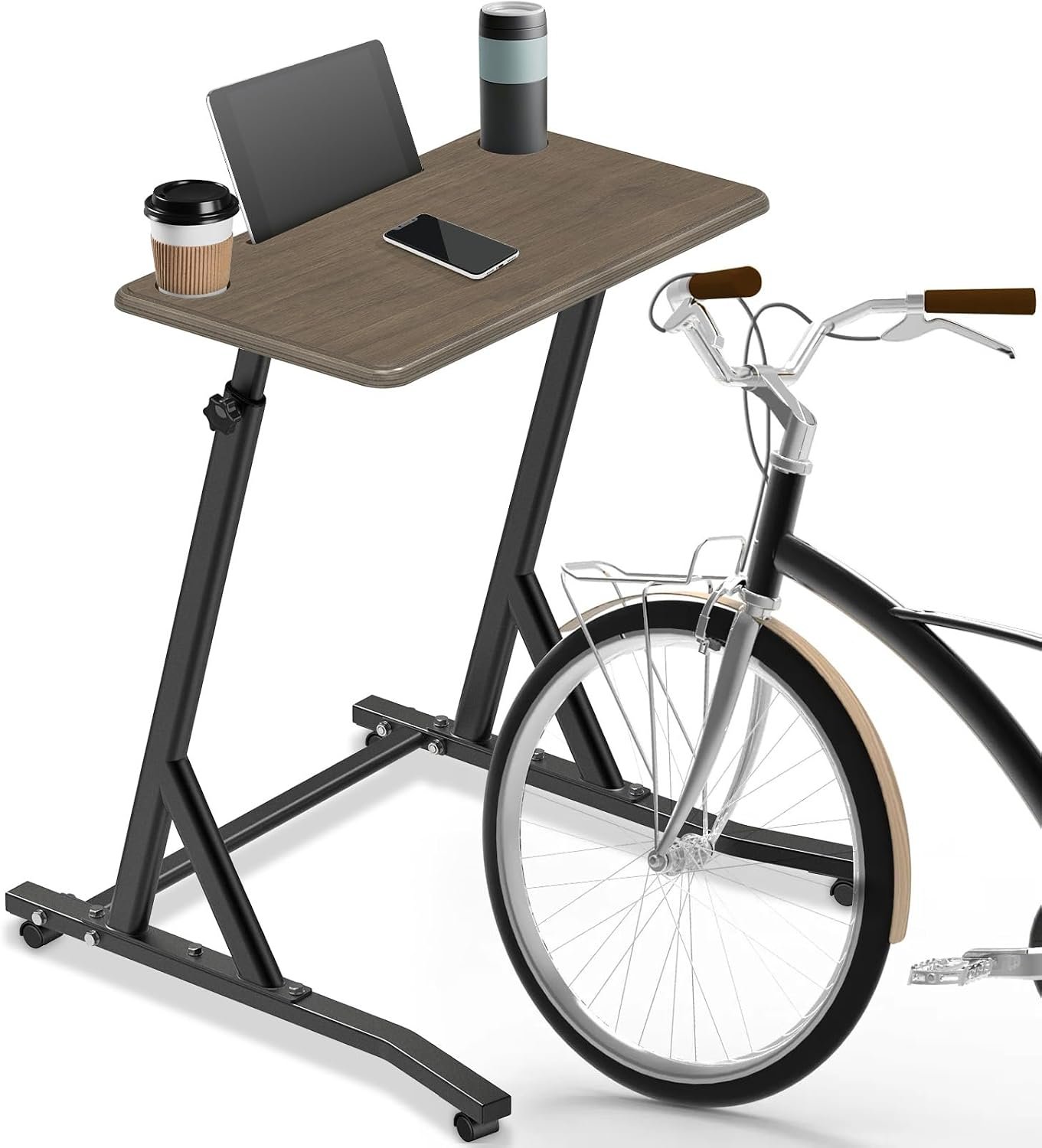 SELEWARE Indoor Cycling Desk Height Adjustable Bike Desk Workstation Standing Desk Wooden Laptop Desk Portable Bike Trainer Fitness Desk with Lockable Wheels for Indoor Cycling Treadmill & Office Use
