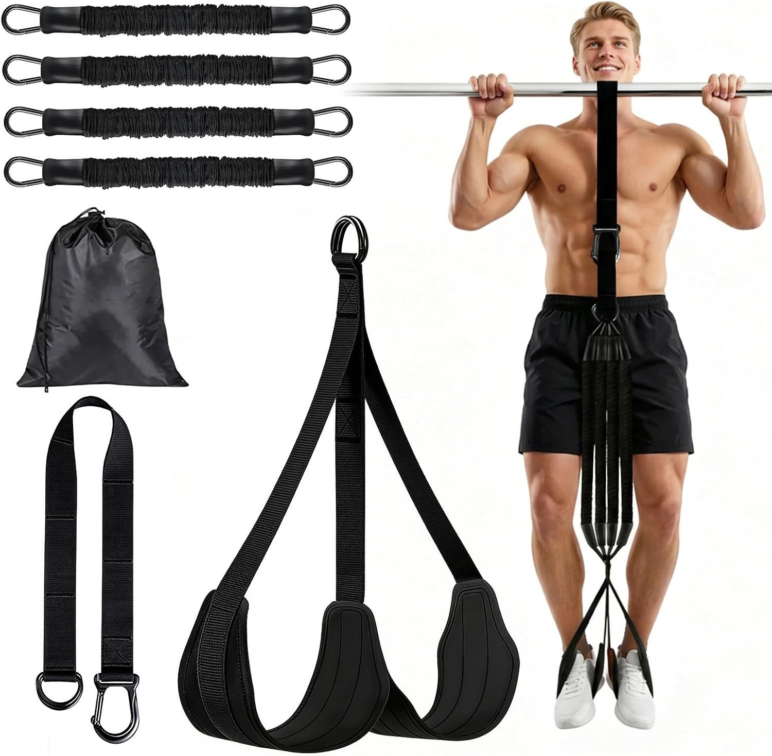 Pull Up Assistance Bands for Home Gym, 4 Adjustable Resistance Bands for Pull Ups and Strength Training, with Foot Rests, Extension Strap, Suitable for Beginners, Full-Body Workouts