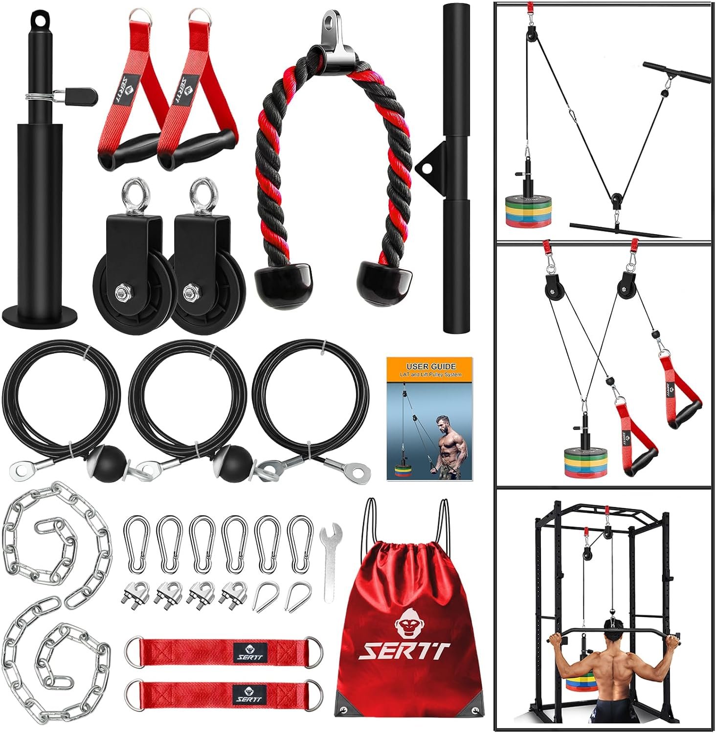 SERTT Weight Cable Pulley System Gym, Upgraded Cable Pulley Attachments for LAT Pull Down, Biceps Curl, Tricep, Arm Workouts – Home Gym Add On Equipment