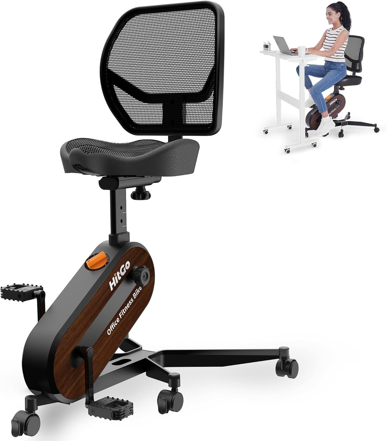 HitGo Office Exercise Bike Desk Chair,330 lbs Heavy Duty Under Desk Bike with 9-Level Height Adjustable Seat 24.4″-33.8″,8-Level Resistance & Rolling Wheels,Quiet Fitness Chair for Home Office