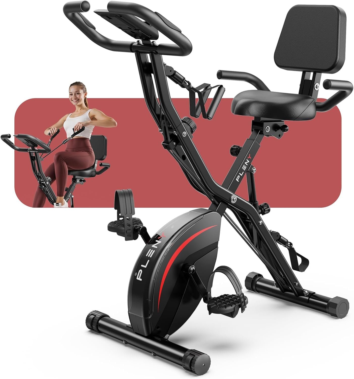 Pleny Folding Exercise Bike, 5 IN 1 Stationary Bikes for Home 6.6 LBS Flywheel, 330LB Weight Capacity Back Support Cushion Indoor Workout Cycling Bike for Home Gym