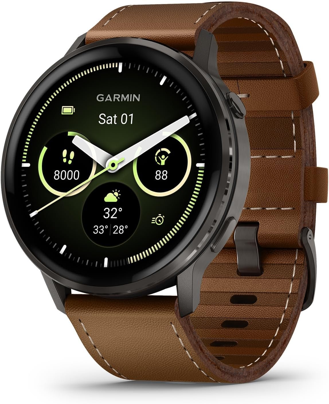 Garmin Venu® 4, 45mm, Advanced Health and Fitness GPS Smartwatch,Bright Colorful Display,Built-in Flashlight,12 Days of Battery Life, Slate with Black Silicone and Brown Leather Band – 2 Bands