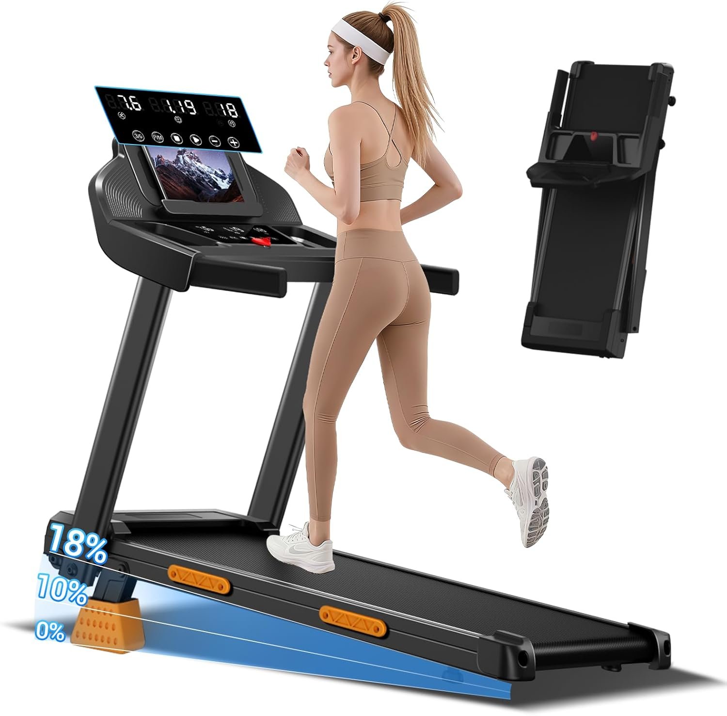 CURSOR FITNESS 16% Incline Treadmills for Home Small with 3 LED Displays, 3.0HP Foldable Walking Pad Treadmill Up to 400LBS Capacity, Portable Treadmill 0.6-7.0MPH Sleek Black