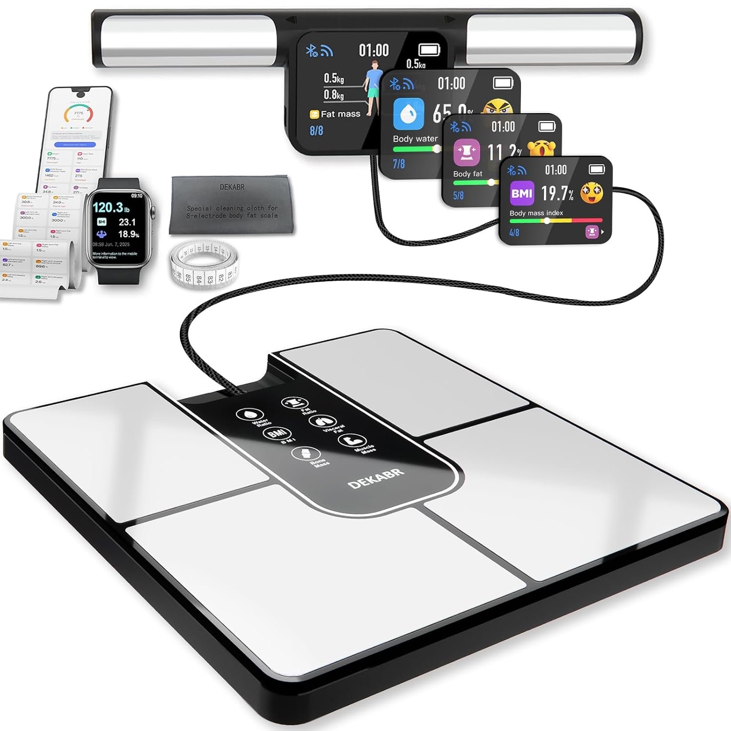 DEKABR Smart Scale for Body Weight, FSA&HSA Eligible, 8 Electrode Body Composition Scale with BMI, Body Fat, Muscle Mass, Highly Accurate Body Fat Scale 57 Metrics, Retractable Handle