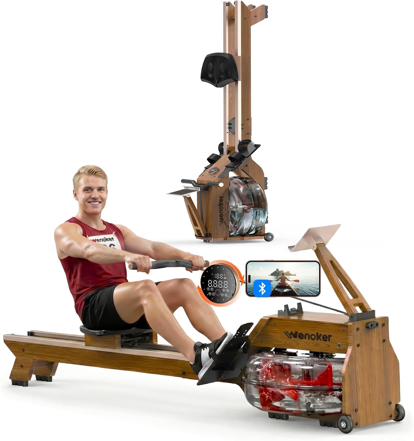 Water Rowing Machine for Home Use, WENOKER Wooden Foldable Rower Machine with Dedicated Monitor & Bluetooth APP, Large Water Tank & Comfortable Seat for Immersive Water Rower, 350LBS Weight Capacity