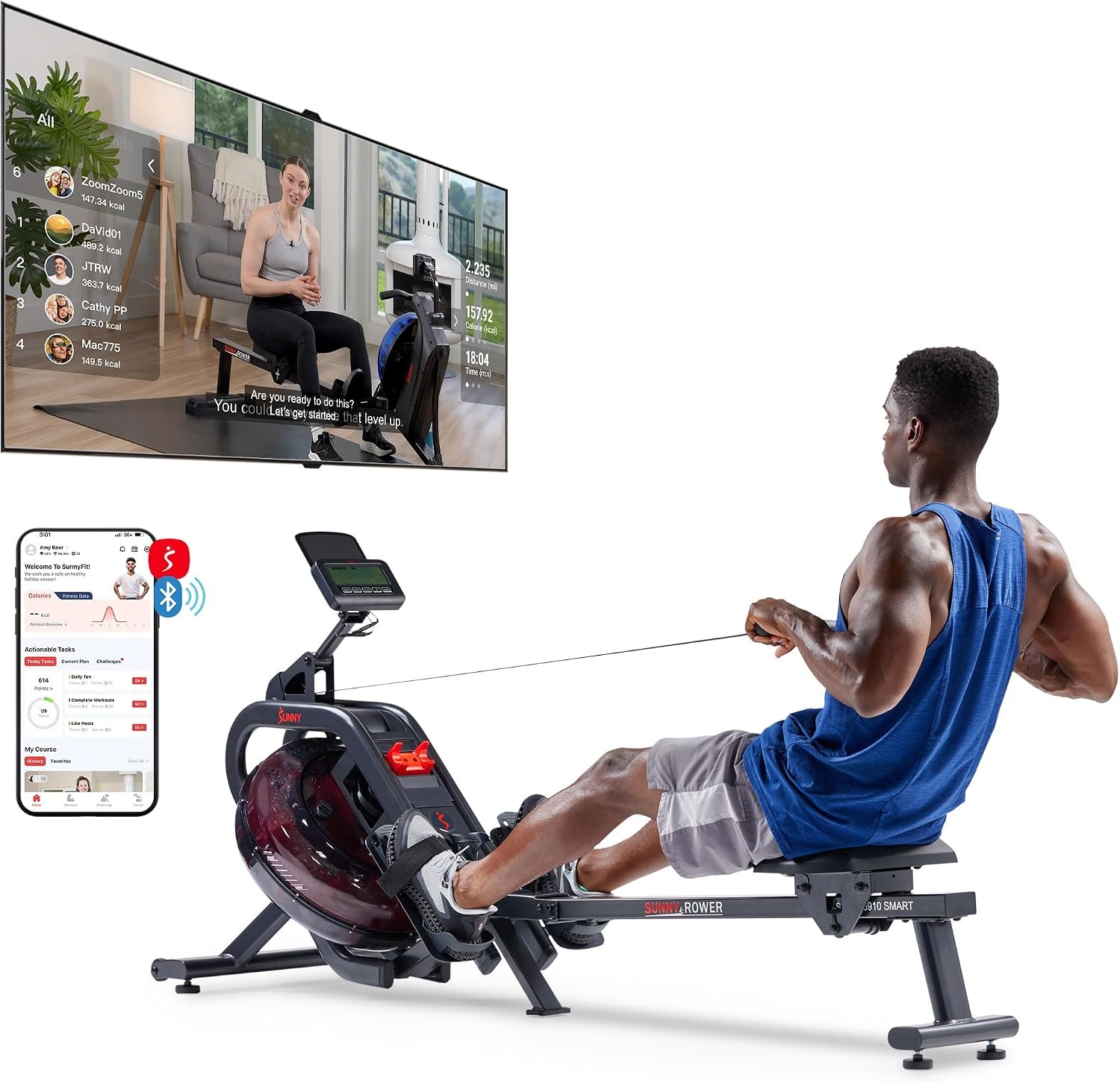 Sunny Health & Fitness Sunny Health & Fitness AquaStrive Series Smart Water Rower, 300LB Capacity Plus Dynamic Hydro Resistance for Home Cardio Workout, Free SunnyFit Training App Connection