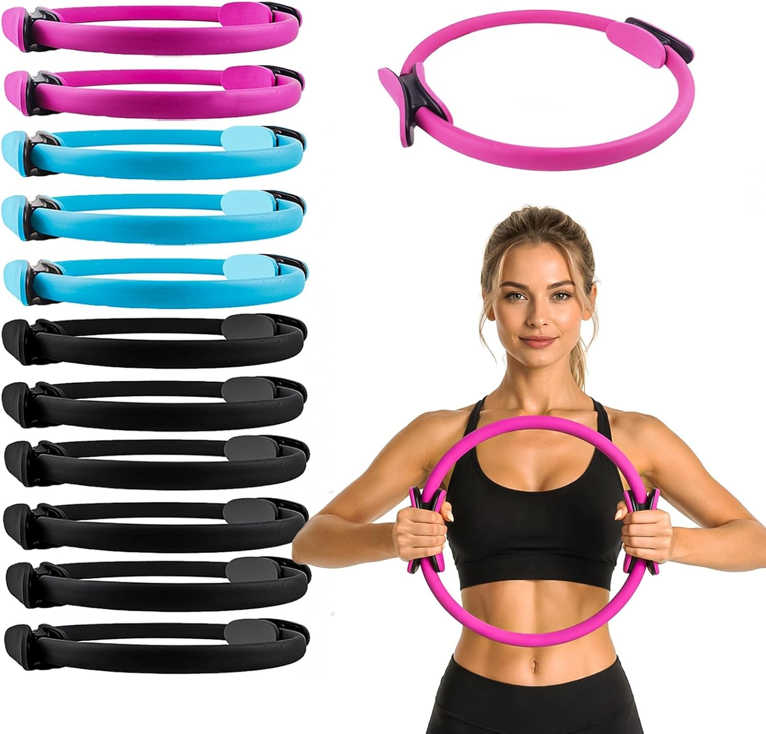 12 Pack Pilates Ring Set – 15 Inch Magic Circle Bulk Yoga Fitness Rings for Full Body Toning, Core Workout and Postpartum Recovery – Portable Lightweight Resistance Circle (6 Black, 3 Blue, 3 Pink)