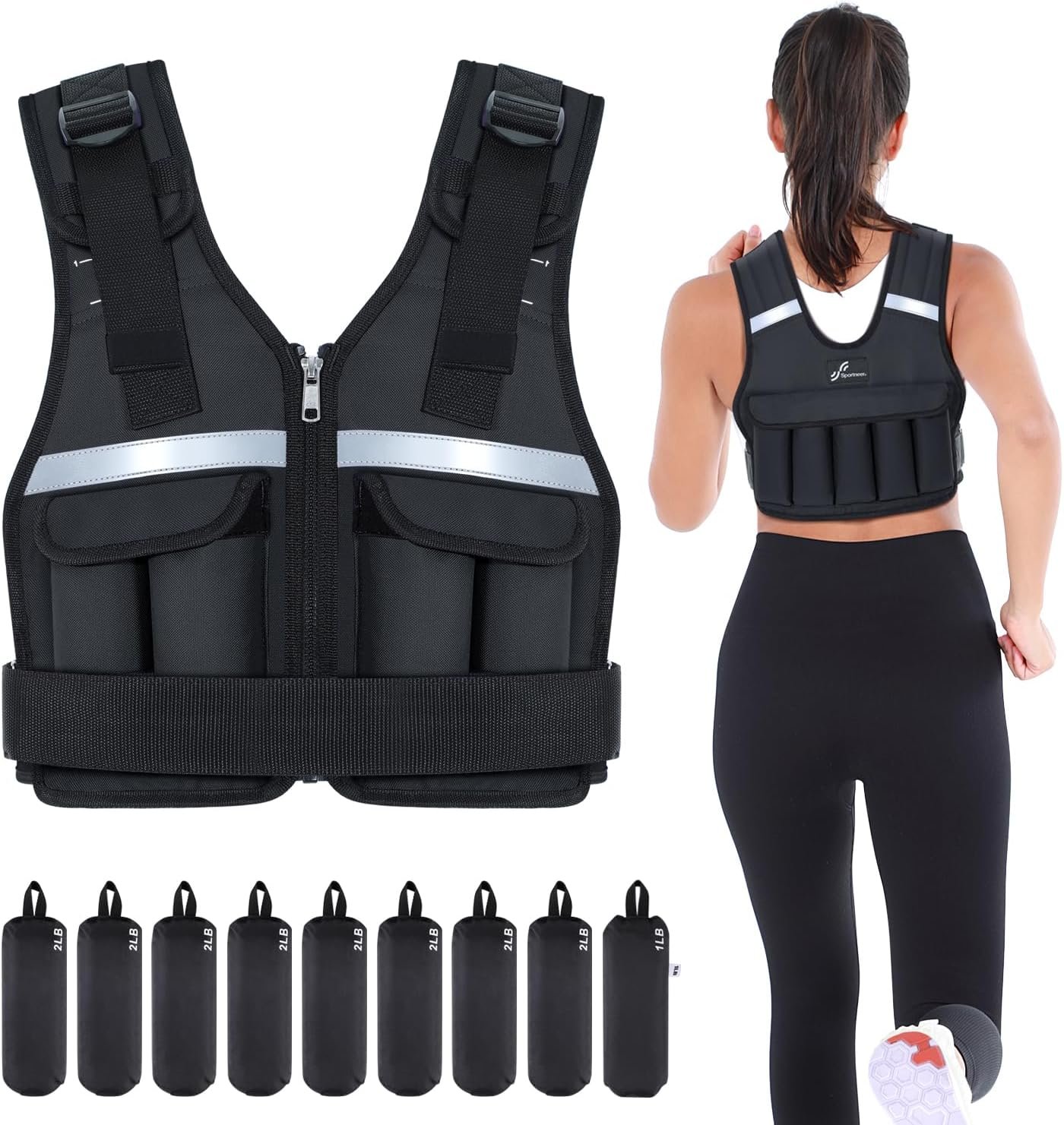 Sportneer Adjustable Weighted Vest Weights: 2-18 lbs/2-42 lbs Washable Weight Vest for Walking 16 In 1 Fast Adjust Rucking Vest for Women and Men Home Gym Running Jogging Strength Training Vests