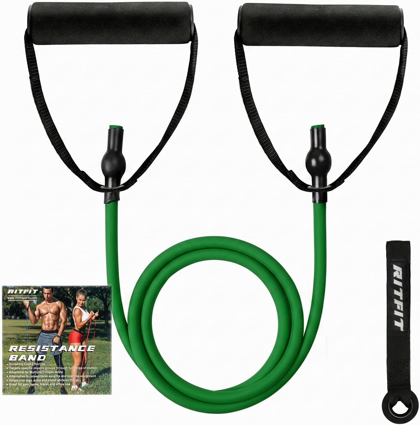 RitFit Single Resistance Exercise Band with Comfortable Handles – Ideal for Physical Therapy, Strength Training, Muscle Toning – Foam Padding Door Anchor and Starter Guide Included