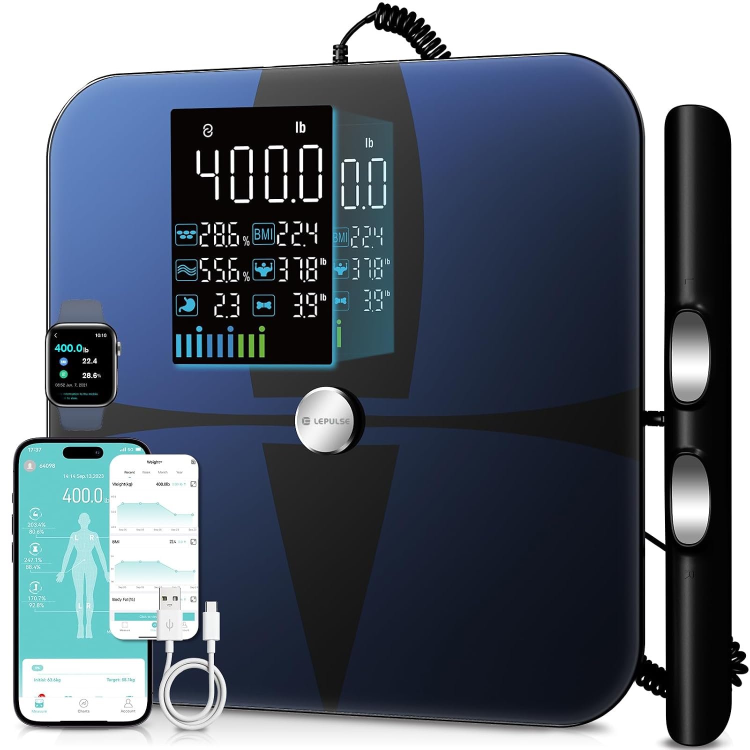 Lepulse Smart Scale for Body Weight, 8-Electrode Body Composition Scale with BMI, Body Fat, Muscle Mass, Rechargeable Body Fat Scale with 20 Metrics in App, Large Color Display and Report (Black)