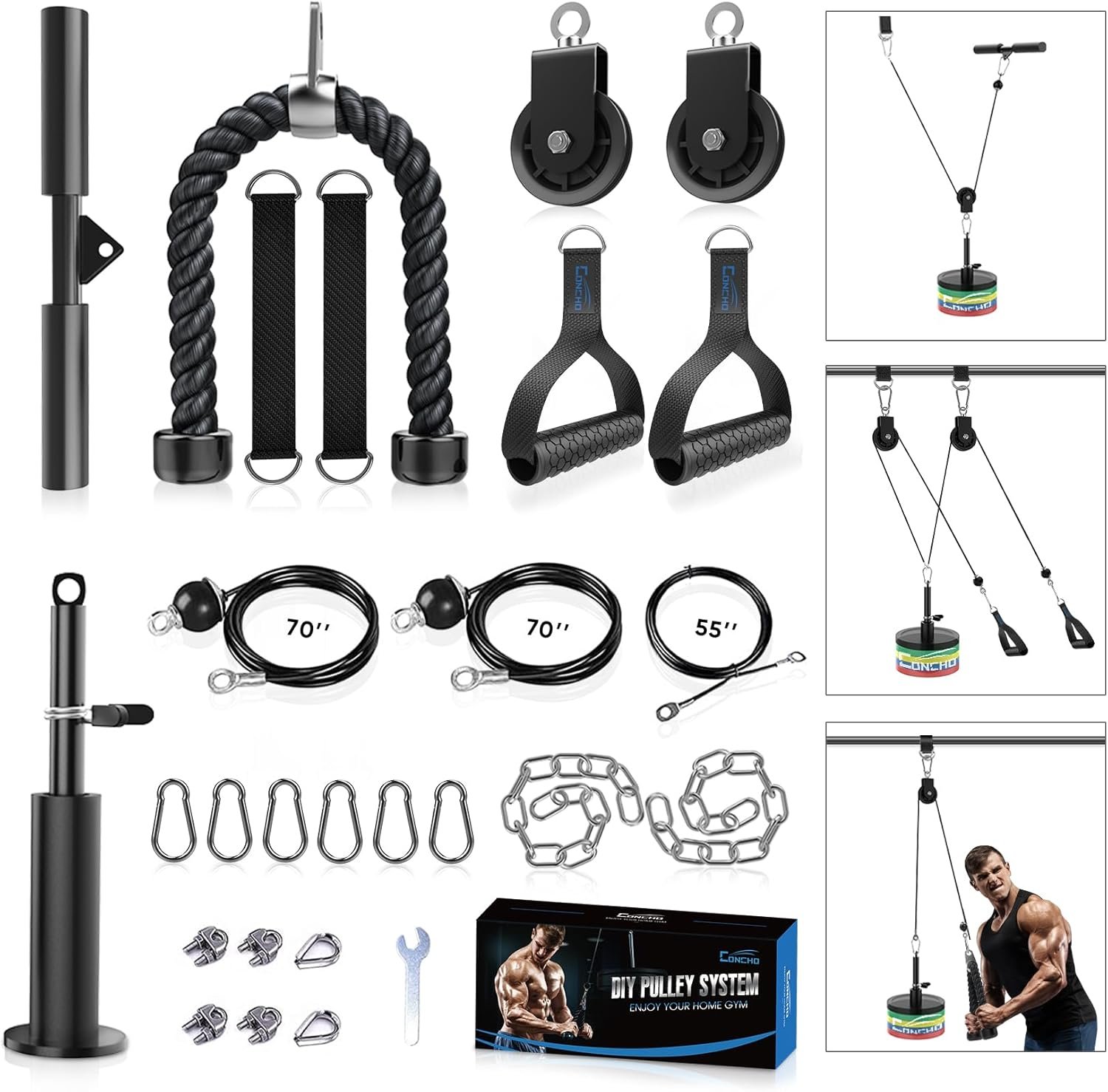 Concho Weight Pulley System, Upgraded Cable Pulley System Gym with Adjustable Weight Cable&Detachable Handles, Workout Pulley System for LAT Pulldown Triceps Biceps Curl Chest Home Gym Attachments