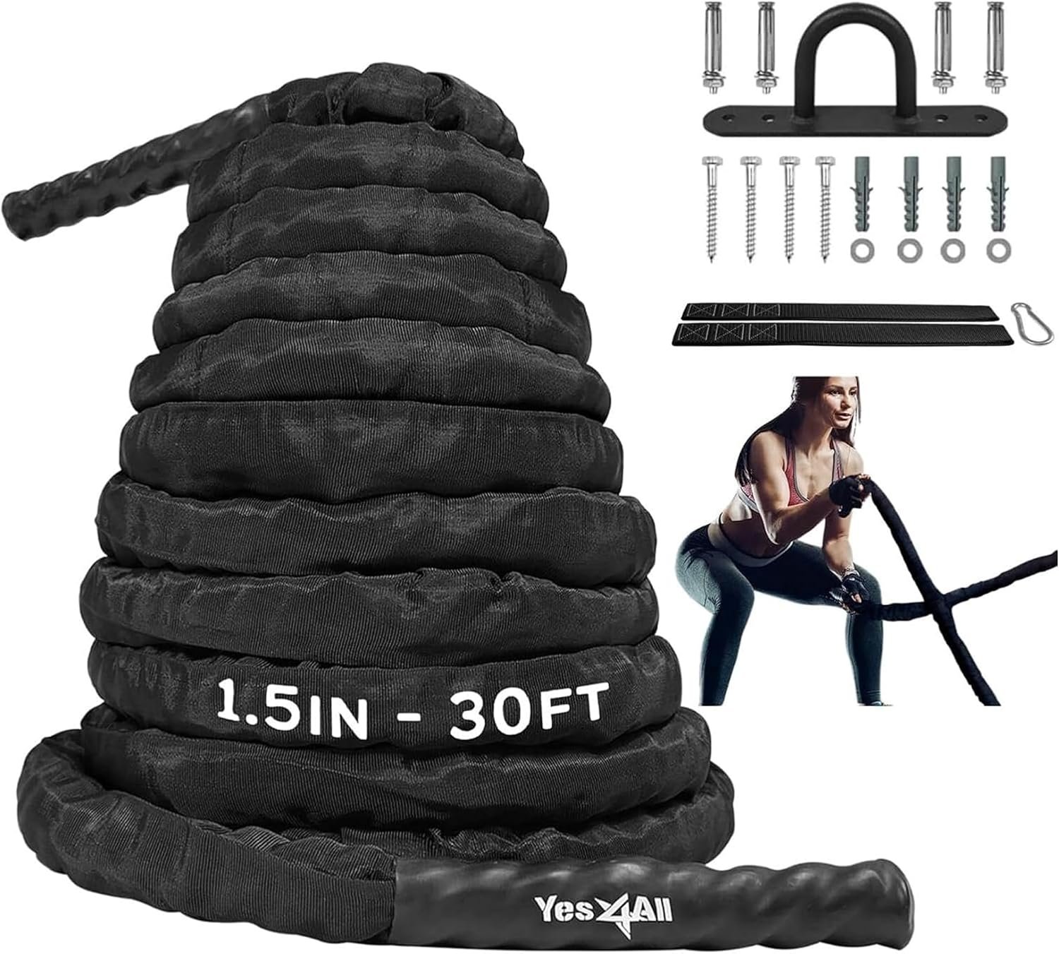 Yes4All Battle Ropes, Workout Rope with Cover, Steel Anchor & Strap Included, Heavy Ropes for Exercise Training – 1.5/2 Inch Diameter, 30, 40, 50 Ft Length