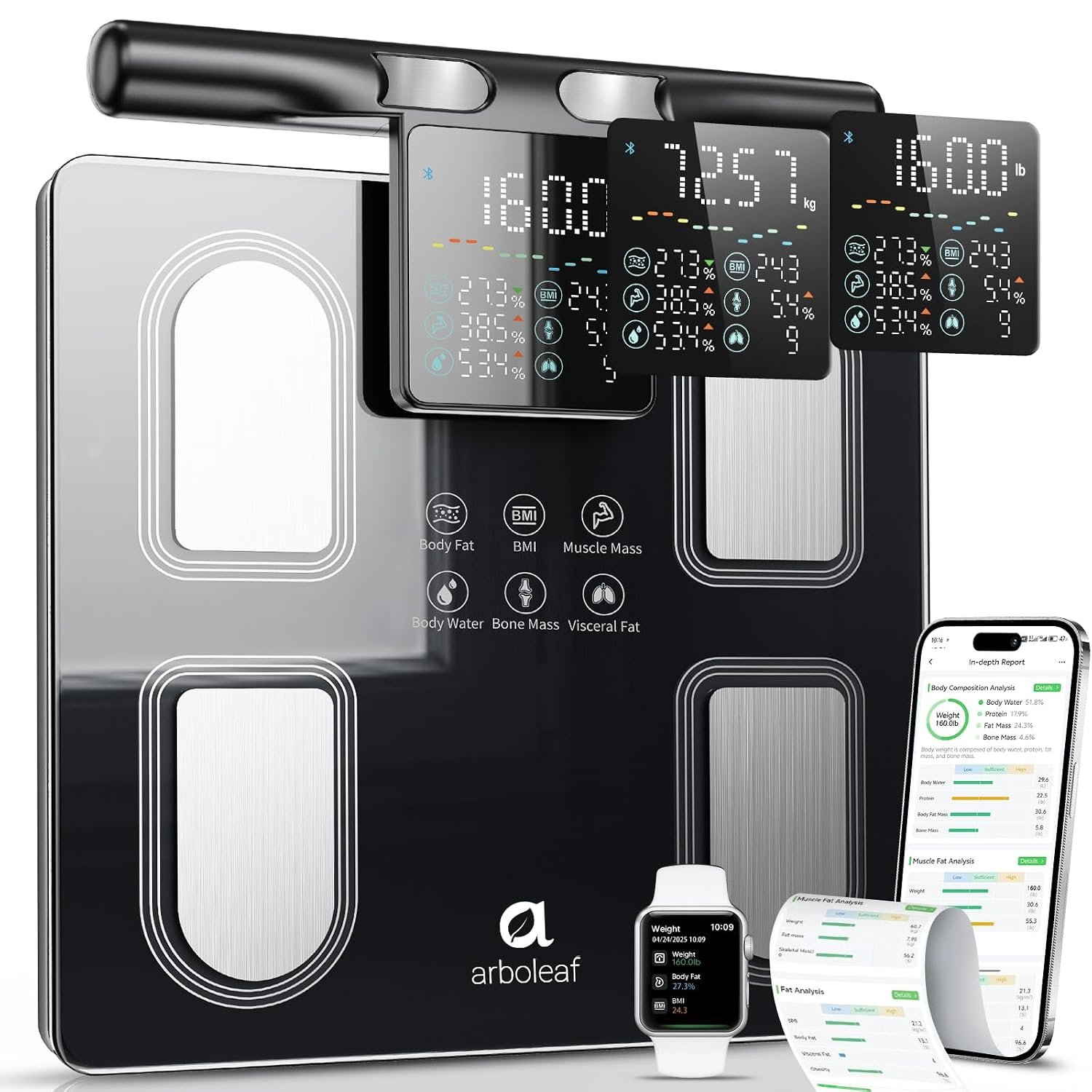 Arboleaf 8-Electrode Body Composition Scale, 5.3″ Eye-Level Handle Display, 50+ Metrics Smart Fat Scale for Body Weight, Bluetooth App Sync, 400lb Capacity for Home Gym, Black