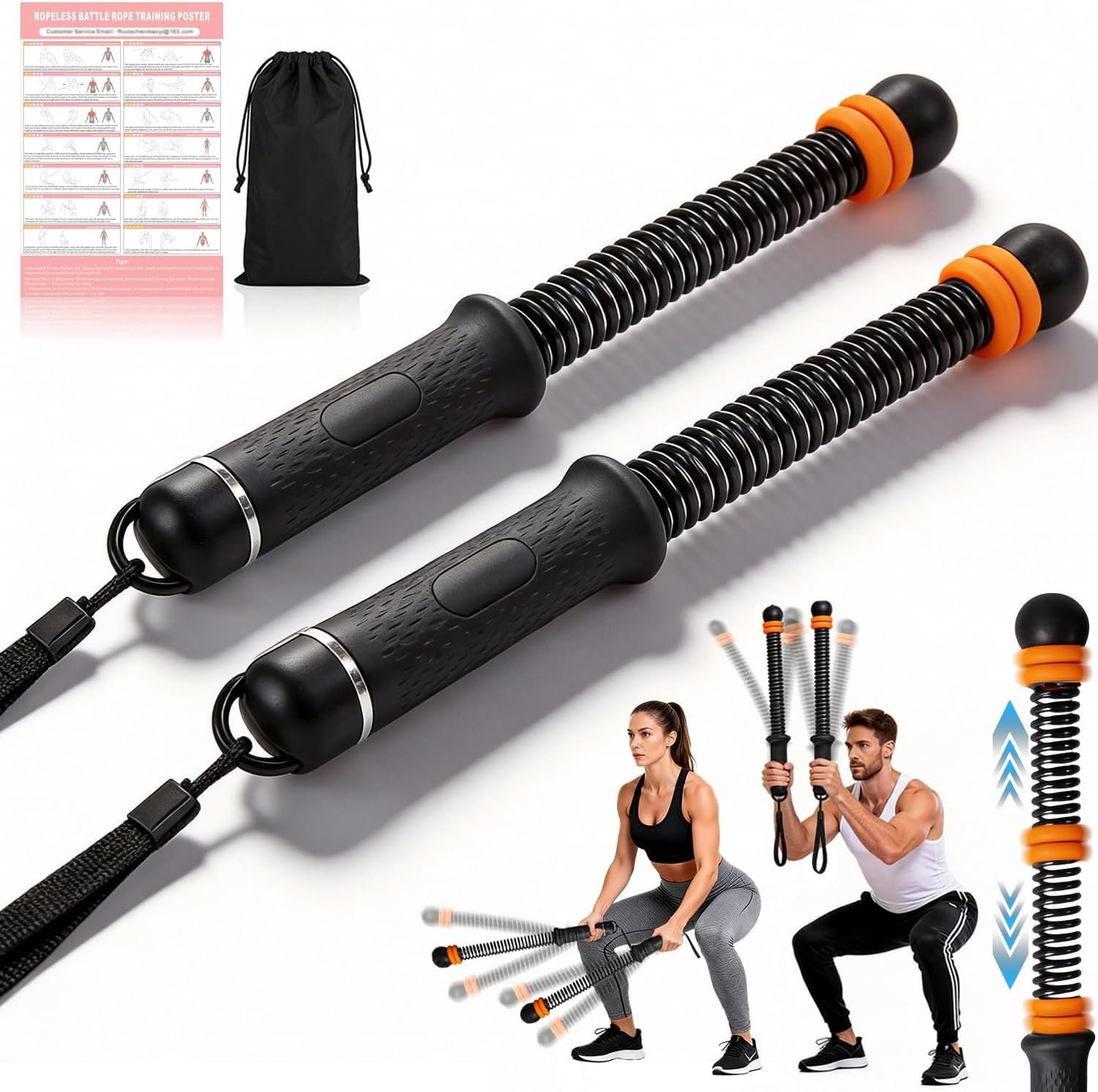 Upgrade Portable Ropeless Battle Ropes – Adjustable Weights Cordless Battle Ropes for Home Gym with Training Poster – Battle Rope Sticks Exercise Equipment for Low-Impact Workout, HIIT & Cardio
