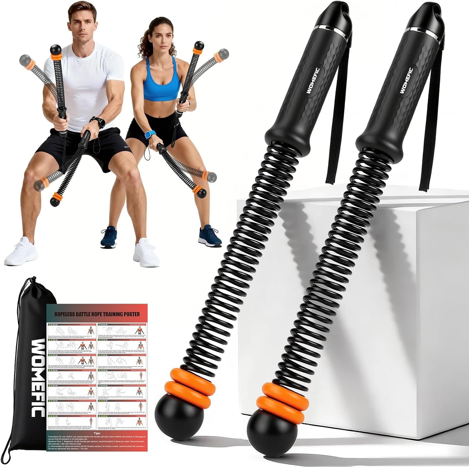 Weighted Ropeless Battle Ropes Adjustable Weight – Portable Cordless Battle Ropes for Home Gym with Poster – Strength Building, HIIT and Low-Impact Aerobic Training for Men & Women (Black)