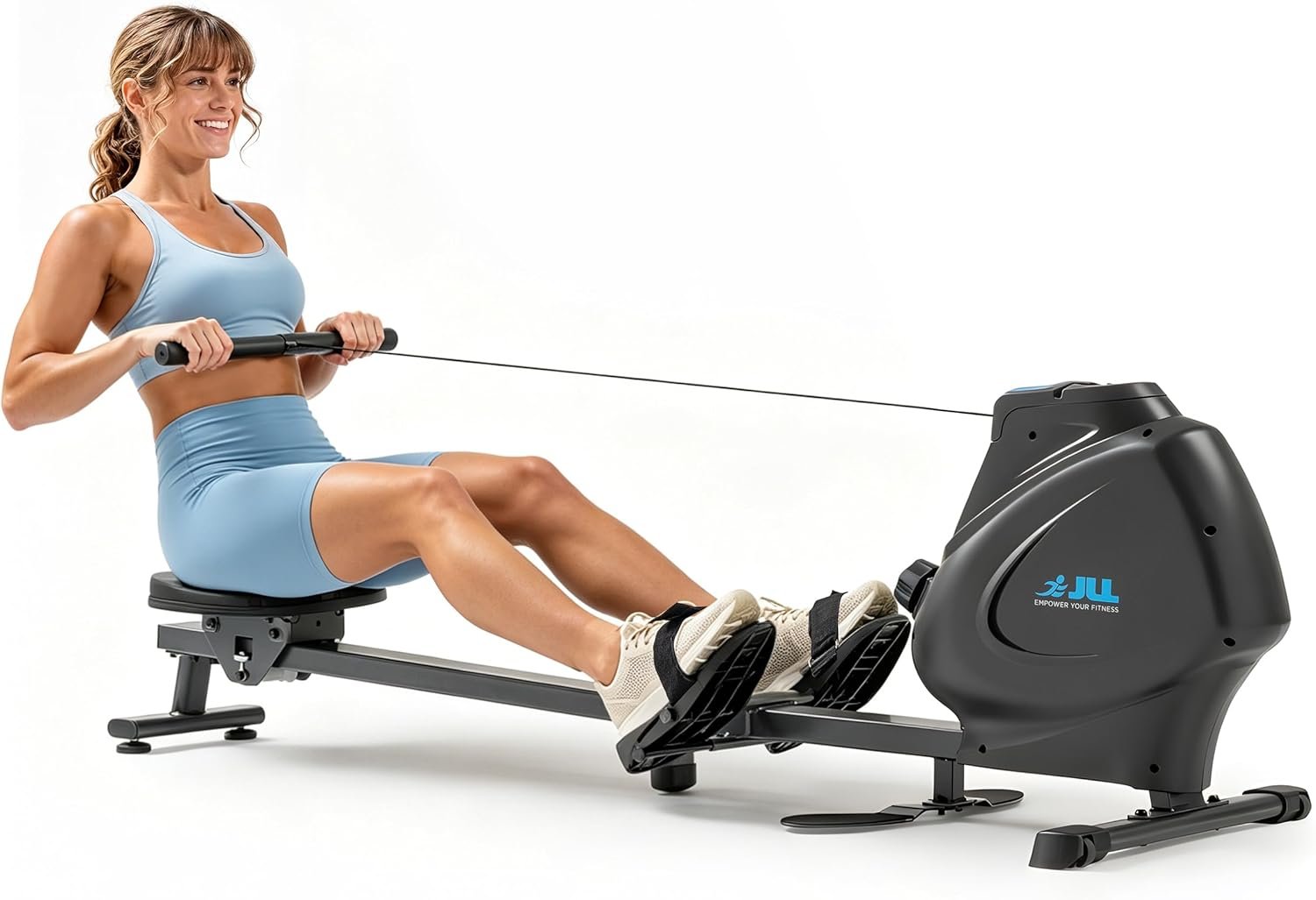 JLL Magnetic Rowing Machine – Foldable Rower for Apartments & Home Gyms, 16 Resistance Levels, Bluetooth with SunnyFit App, Easy-Glide Wheels, Tilt-to-Store Upright Design