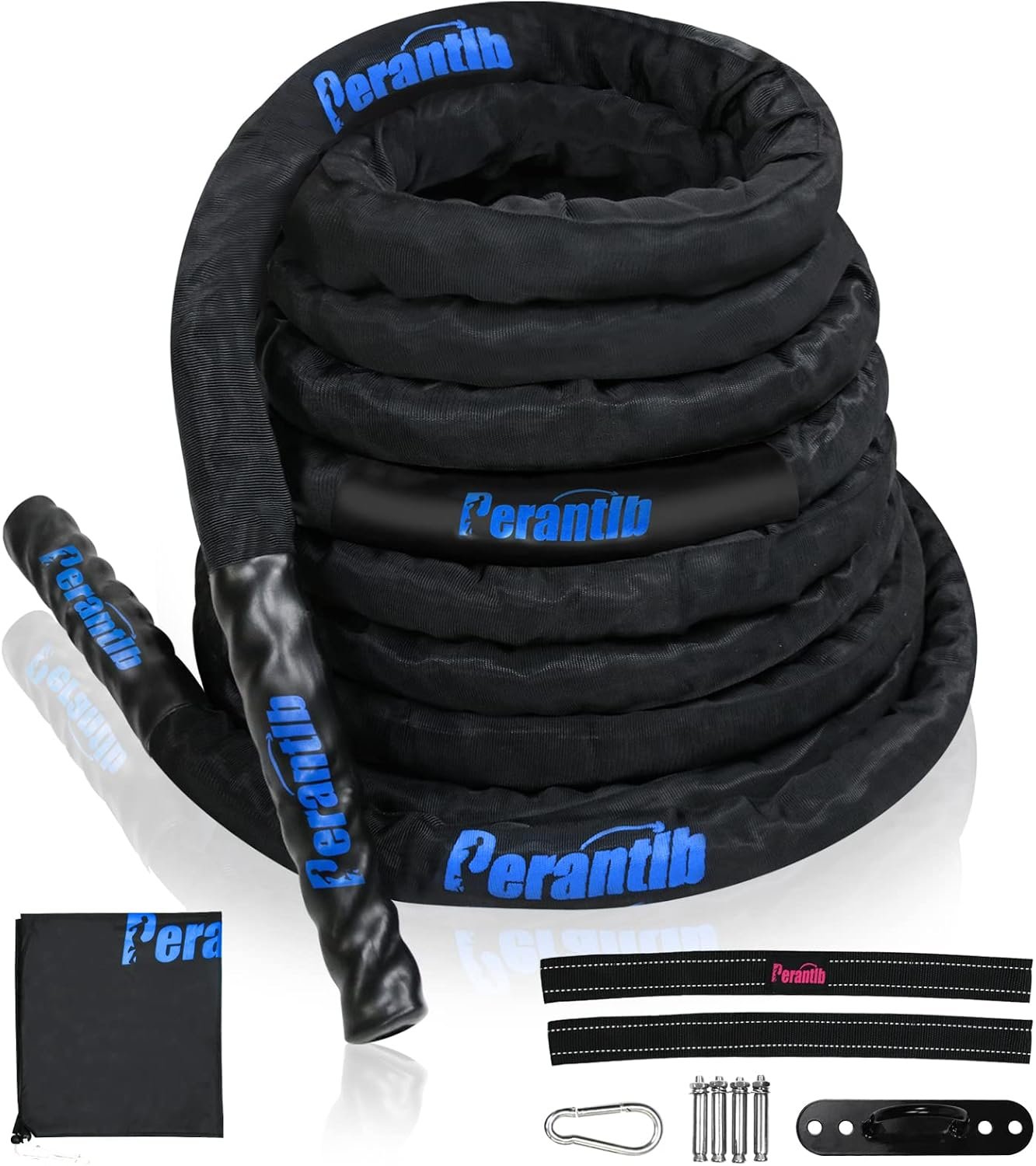 Perantlb Battle Rope With Wear-Resistant Nylon Protective Sleeve – Heavy Battle Rope for Strength Training, Home Fitness Exercise – Anchor Strap Kit Included