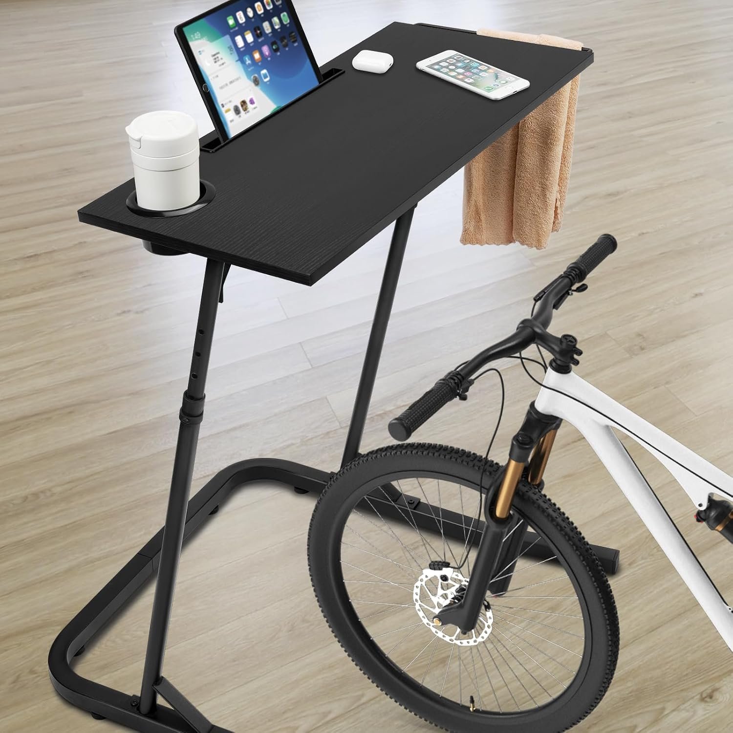 ikkle Bike Trainer Desk, Adjustable Standing Desk for Walking Pad, Black1 | Portable Workstation Trainer Stand Table for Indoor Cycling Trainers, Treadmill Cycling, Exercise/Stationary/Spin Bikes