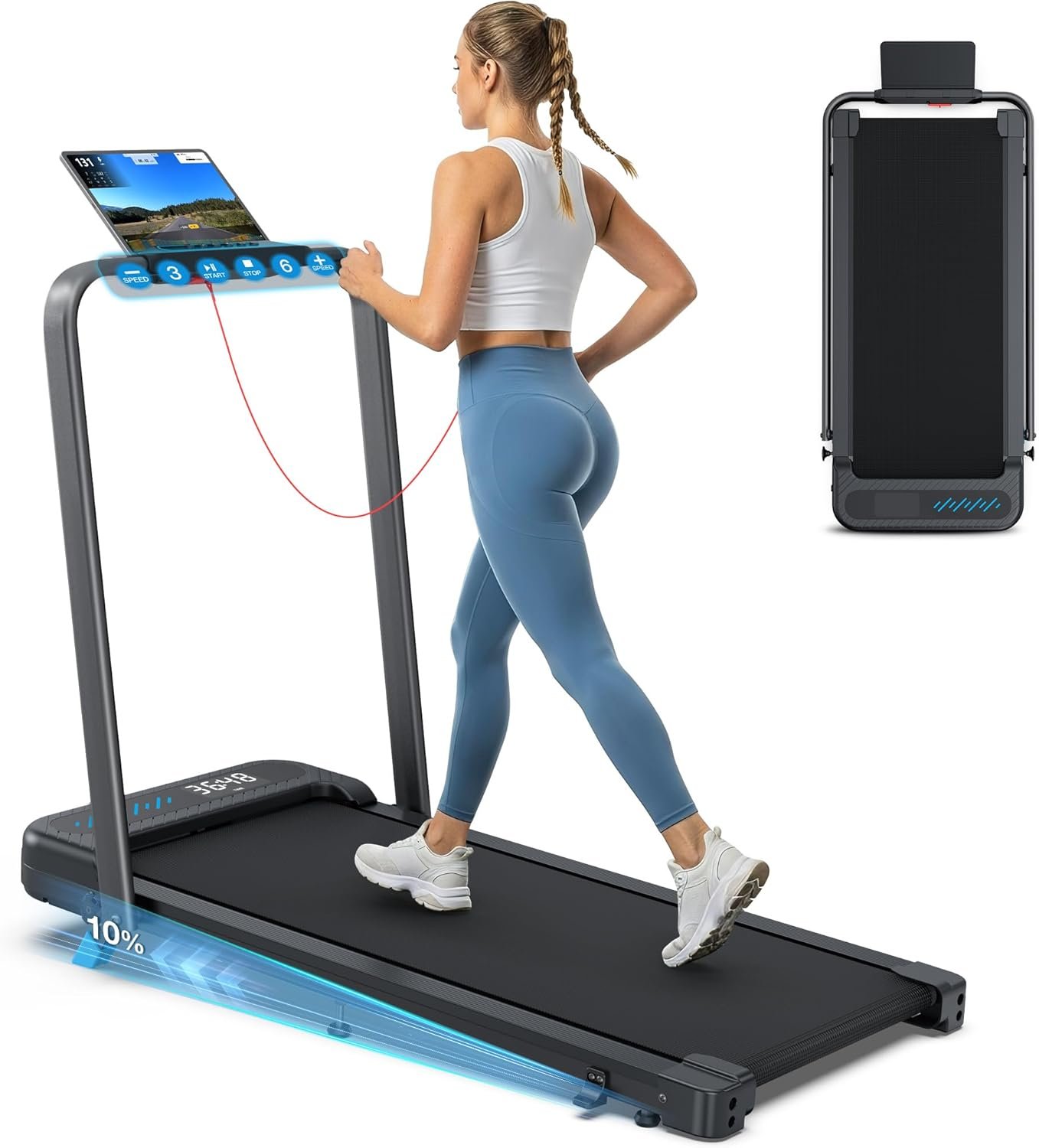 WELLFIT Folding Treadmill with Incline, Portable Treadmills with Handlebar | 320+lbs Capacity, Under Desk Treadmill for Home Office, Low Noise Walking Pad with Smart Voice Control for Jogging Running