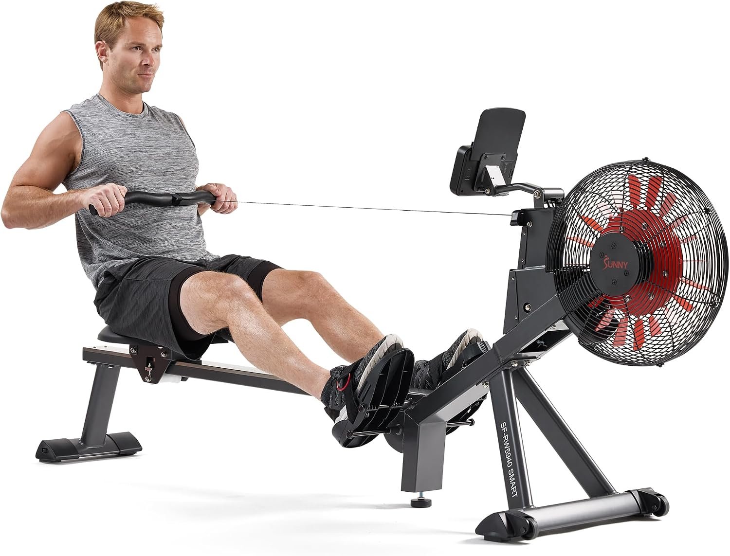 Sunny Health & Fitness Air Rowing Machine, Space-Saving Rower with Long Rail and Upright Storage for Home Gym, Full-Body Cardio Workout, Free SunnyFit Training App