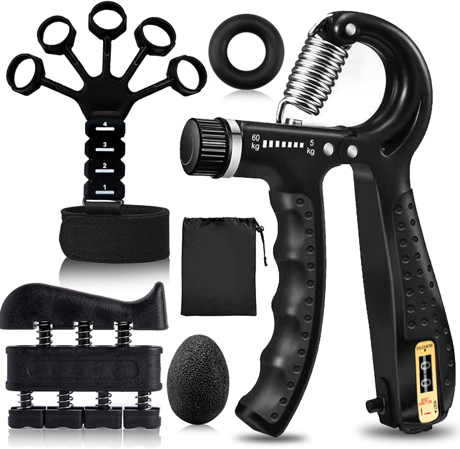 Hand Grip Strengthener Kit 5 Pack Adjustable Finger Forearm Hand Exerciser | Adjustable Grip Trainer, Finger Stretcher & Stress Ball Set for Strength Training & Hand Exercises