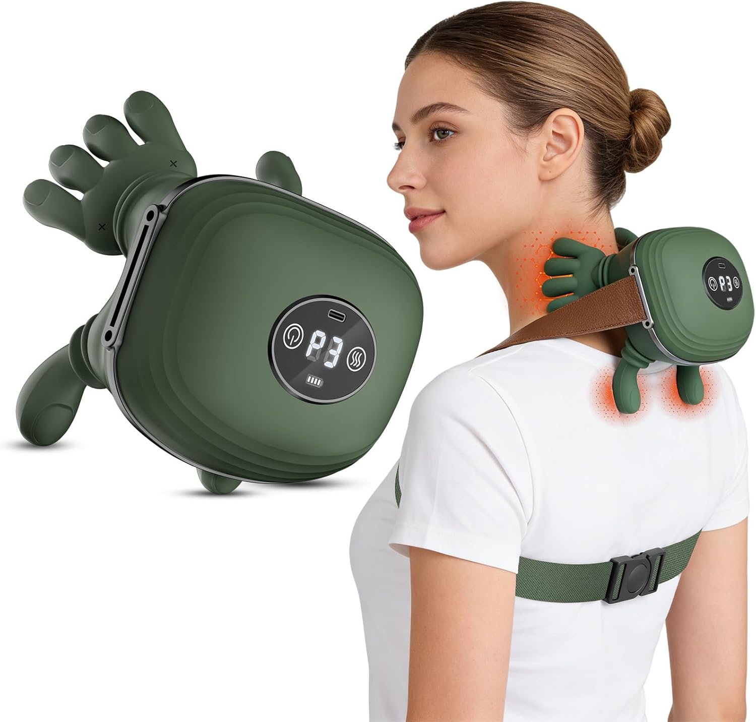 Human-Like Neck Massager with Heat for Pain Relief Deep Tissue, Cordless 4D Kneading Neck and Shoulder Massager Back Massager with Bionic fingers and Screen, Ideal Gifts for Women Men – Green