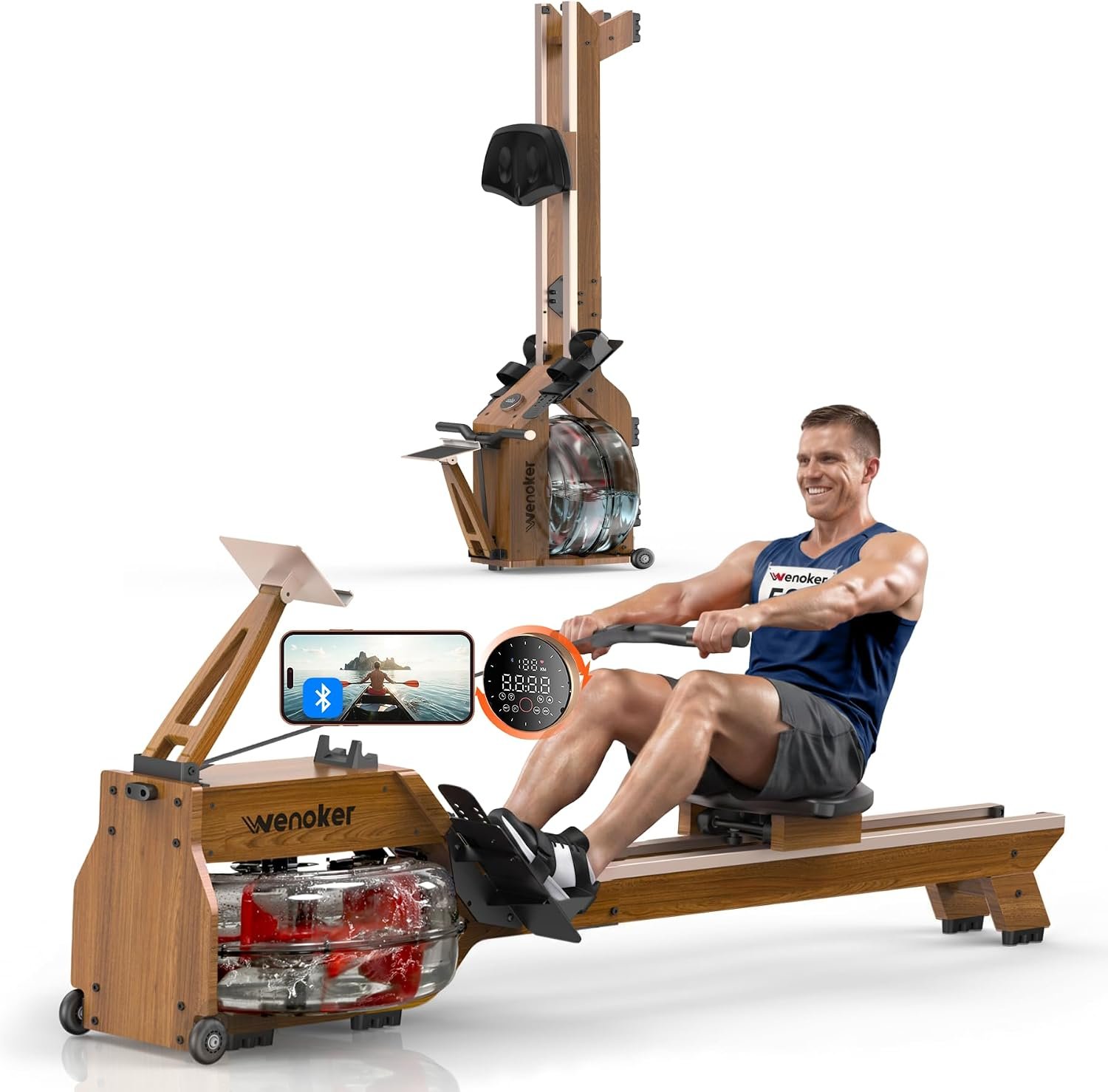 WENOKER Water Rowing Machines for Home Use, Water-Magnetic Dual Resistance Rower Machine with Smart Electronic Knob,Wooden Row Machine with Bluetooth App Compatible for Home Gym Exercise 400 LBS