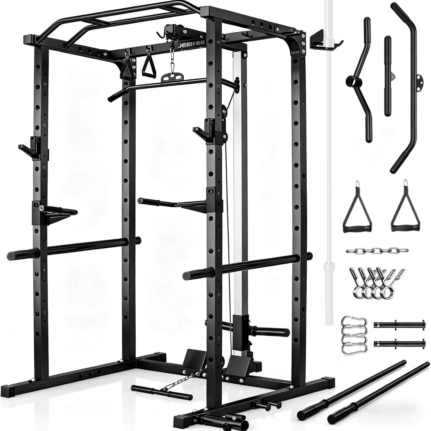 JEEKEE Power Rack with LAT Pulldown, 2000LBS Power Cage with Cable System, Multi-Function Squat Rack with J-Hooks, Safety Bars, Landmine, Pull Up Bar & Attachments for Home Gym Strength Training,Black