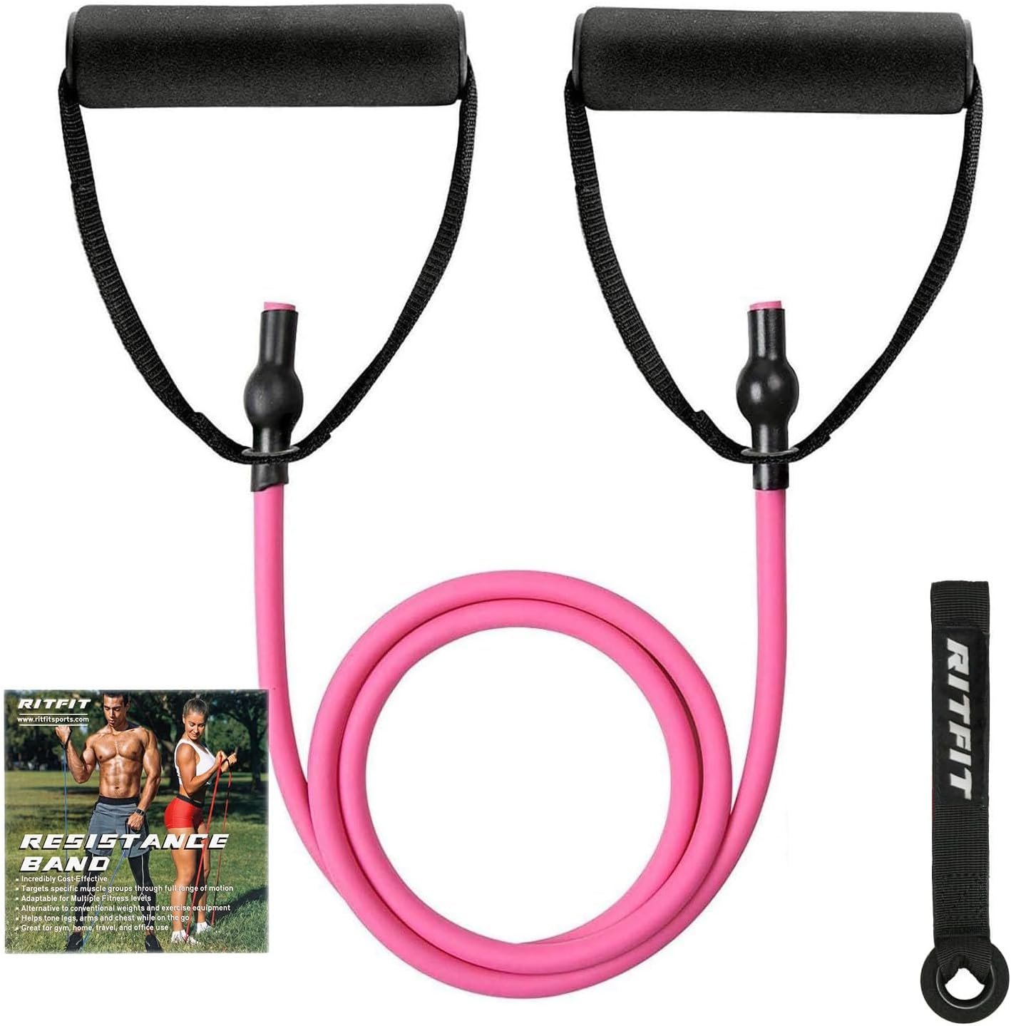 RitFit Single Resistance Exercise Band with Comfortable Handles – Ideal for Physical Therapy, Strength Training, Muscle Toning – Foam Padding Door Anchor and Starter Guide Included