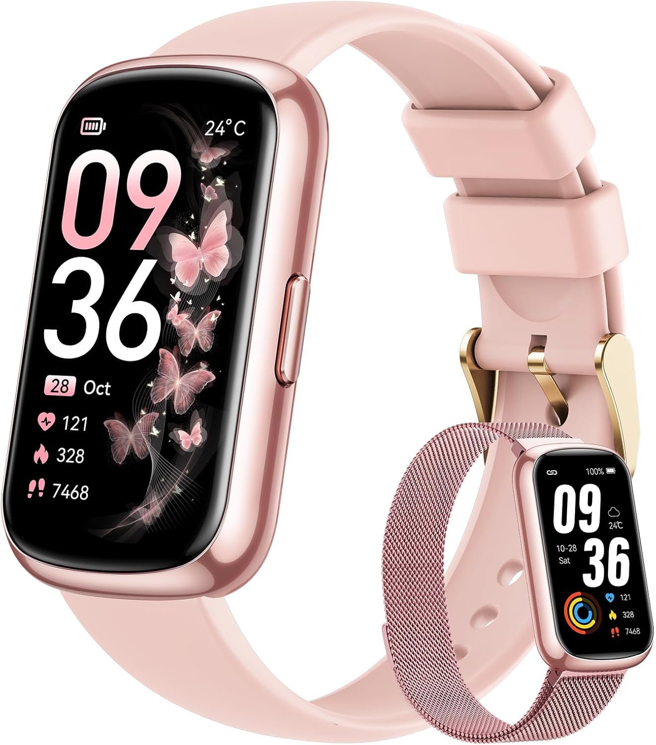 Fitness Trackers for Women Smart Watch: Fitness Tracker with 24/7 Heart Rate Monitor SpO2 Sleep Step Tracker, Pedometer Fitness Watches for Women with 5ATM Waterproof for iPhone Android 2 Bands Pink