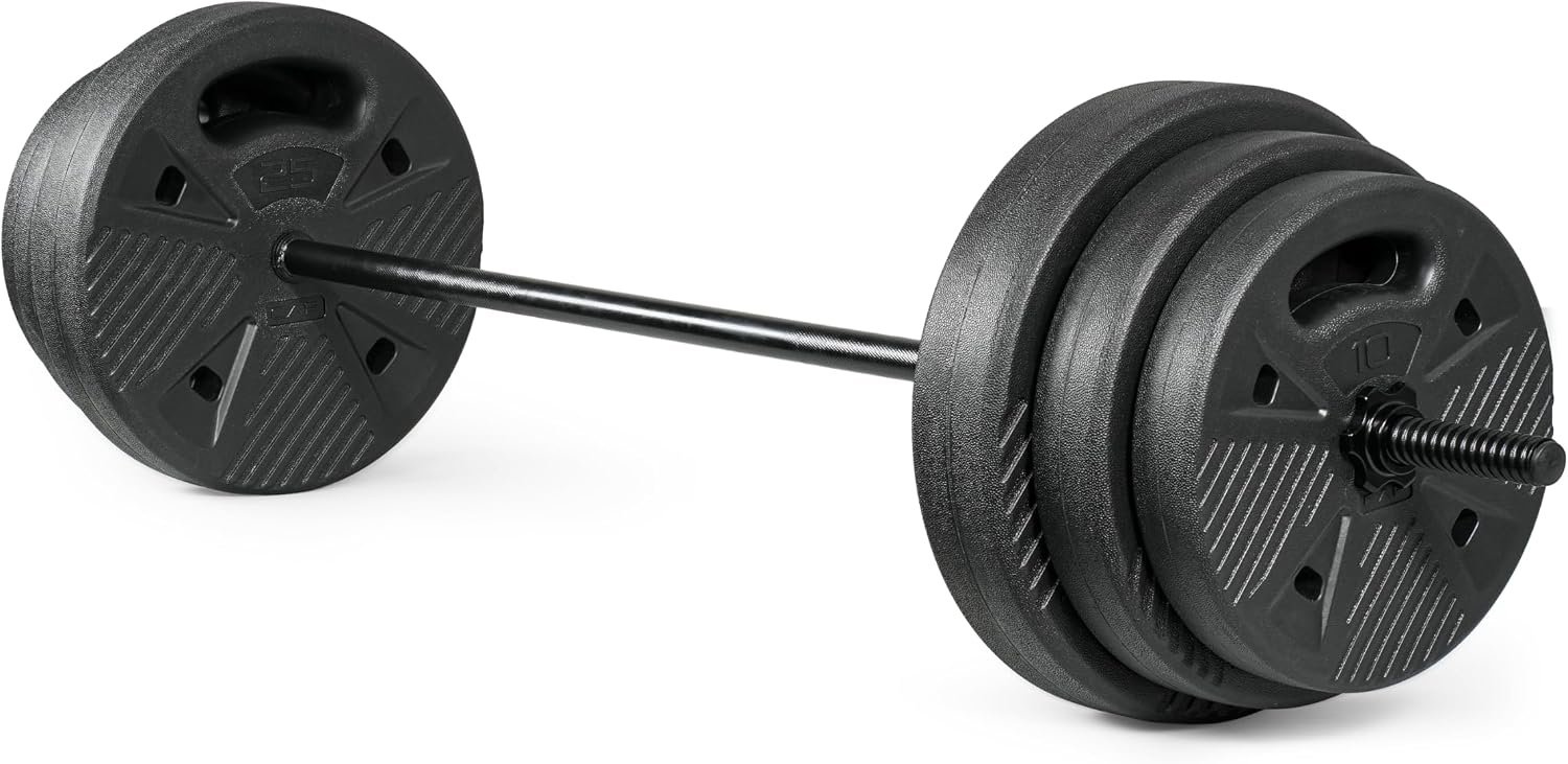 CAP Threaded Barbell Set with 100 LB Cement Grip Plates | 47″ Threaded Bar, 25LB / 15LB / 10LB Grip Plates, Star Collars, Home Gym Weight Set for Strength Training